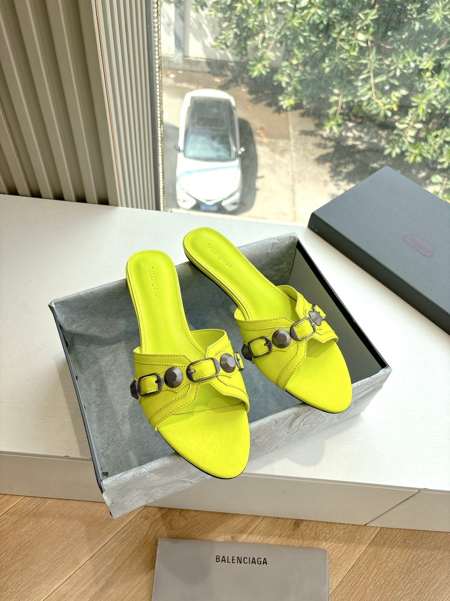 Balanciaga CAGOLE FLAT MULES IN LIME YELLOW CALFSKIN