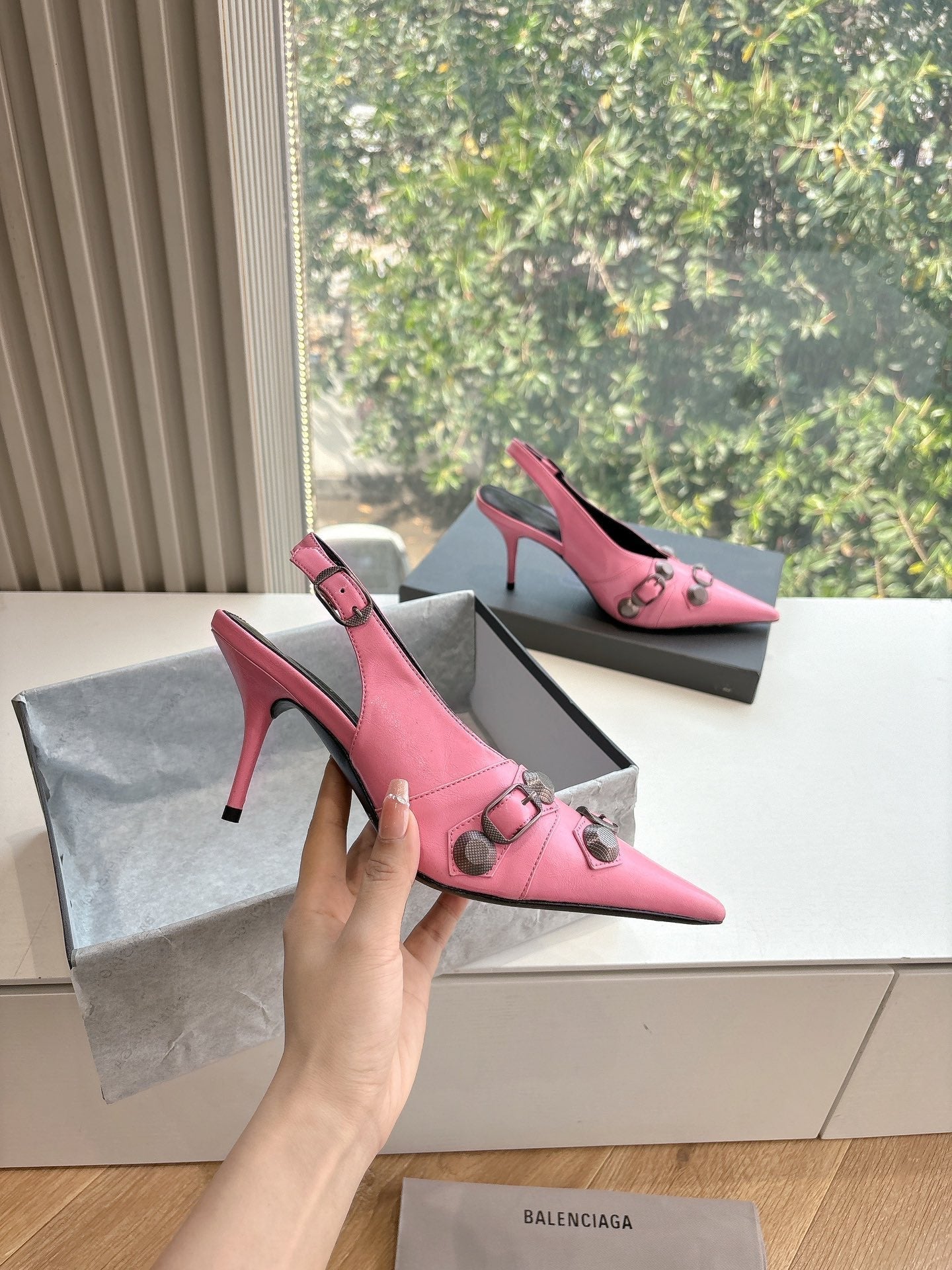 Balanciaga CAGOLE HIGH SLINGBACK IN BUBBLEGUM PINK GLOSSY CALFSKIN