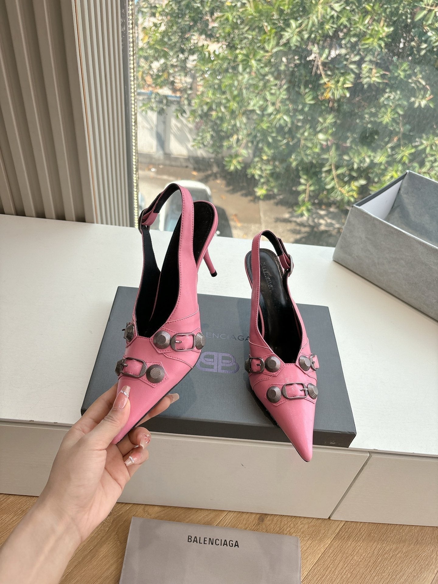 Balanciaga CAGOLE HIGH SLINGBACK IN BUBBLEGUM PINK GLOSSY CALFSKIN