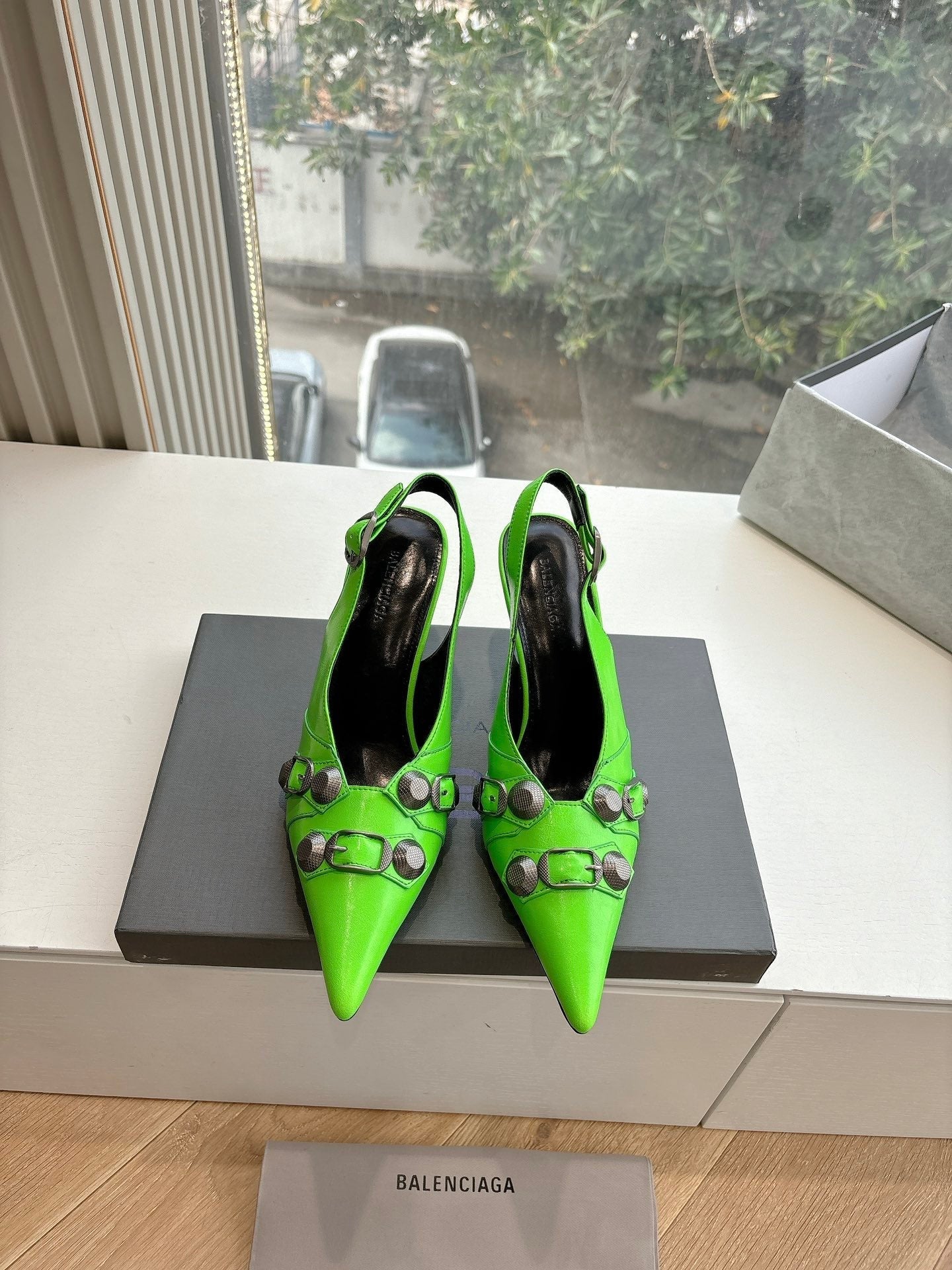 Balanciaga CAGOLE HIGH SLINGBACK IN NEON GREEN GLOSSY CALFSKIN