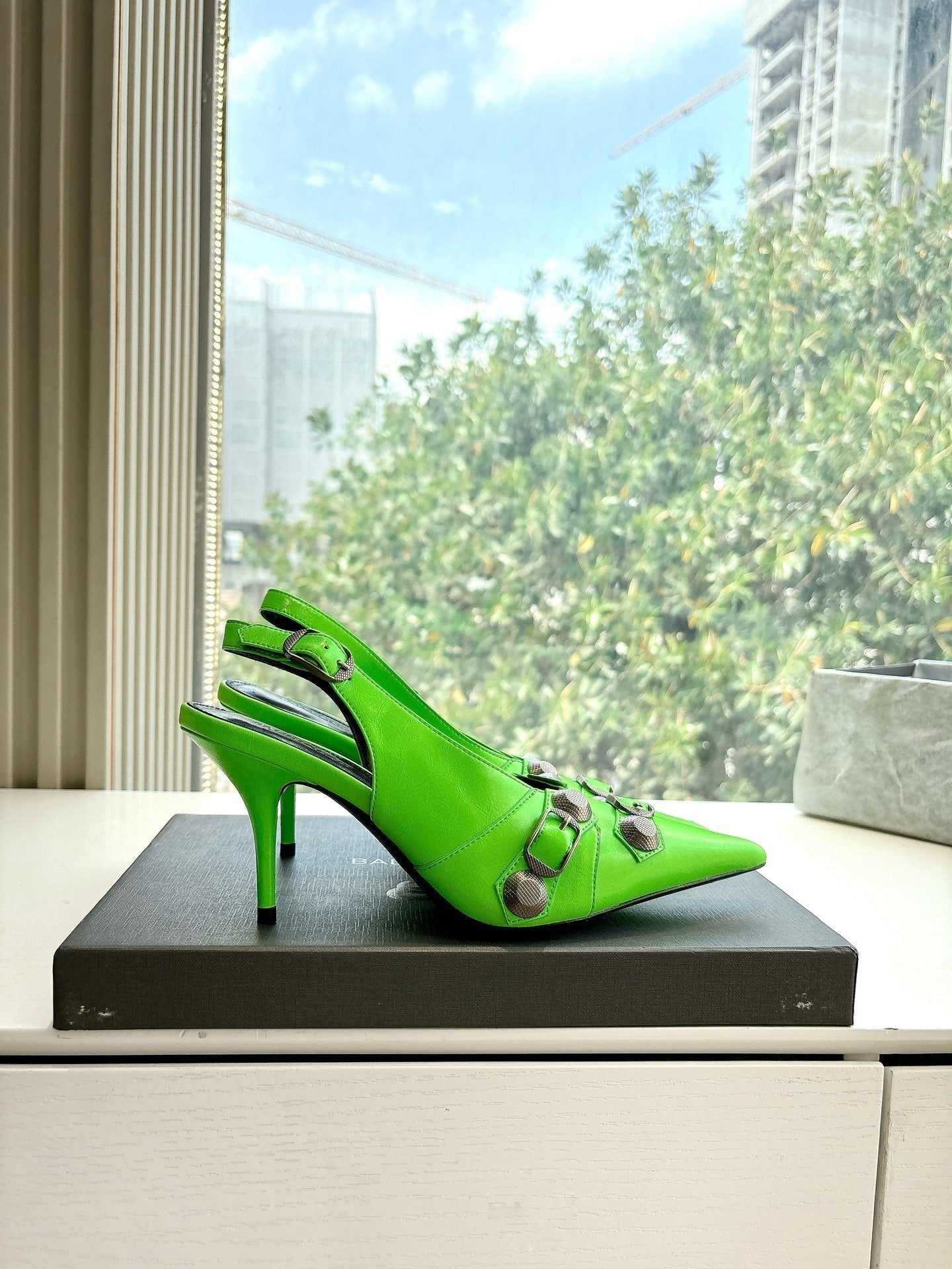 Balanciaga CAGOLE HIGH SLINGBACK IN NEON GREEN GLOSSY CALFSKIN