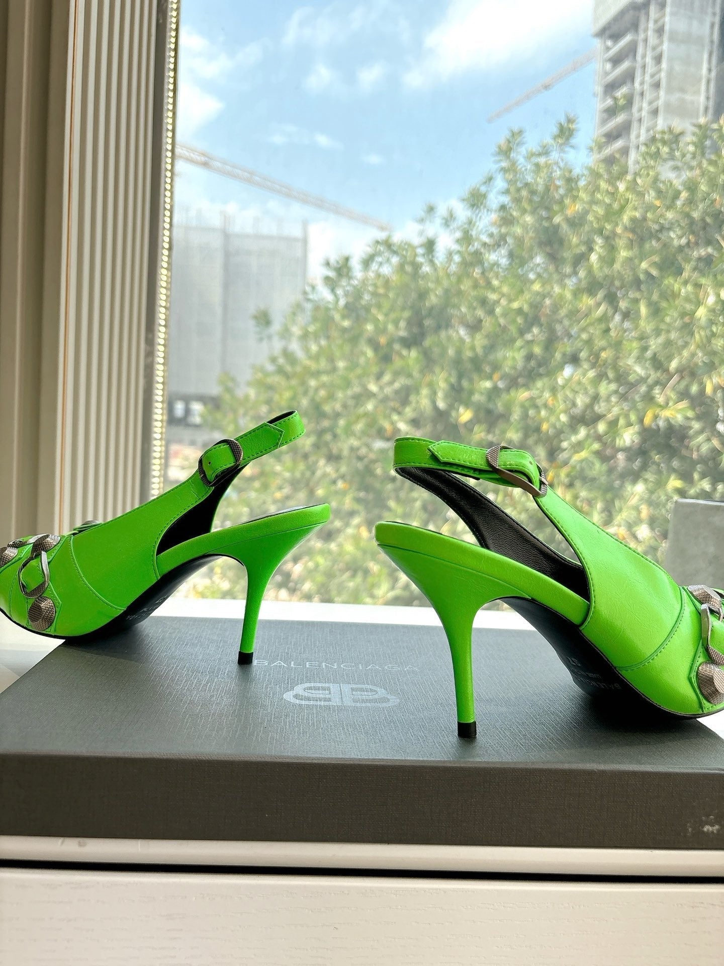 Balanciaga CAGOLE HIGH SLINGBACK IN NEON GREEN GLOSSY CALFSKIN