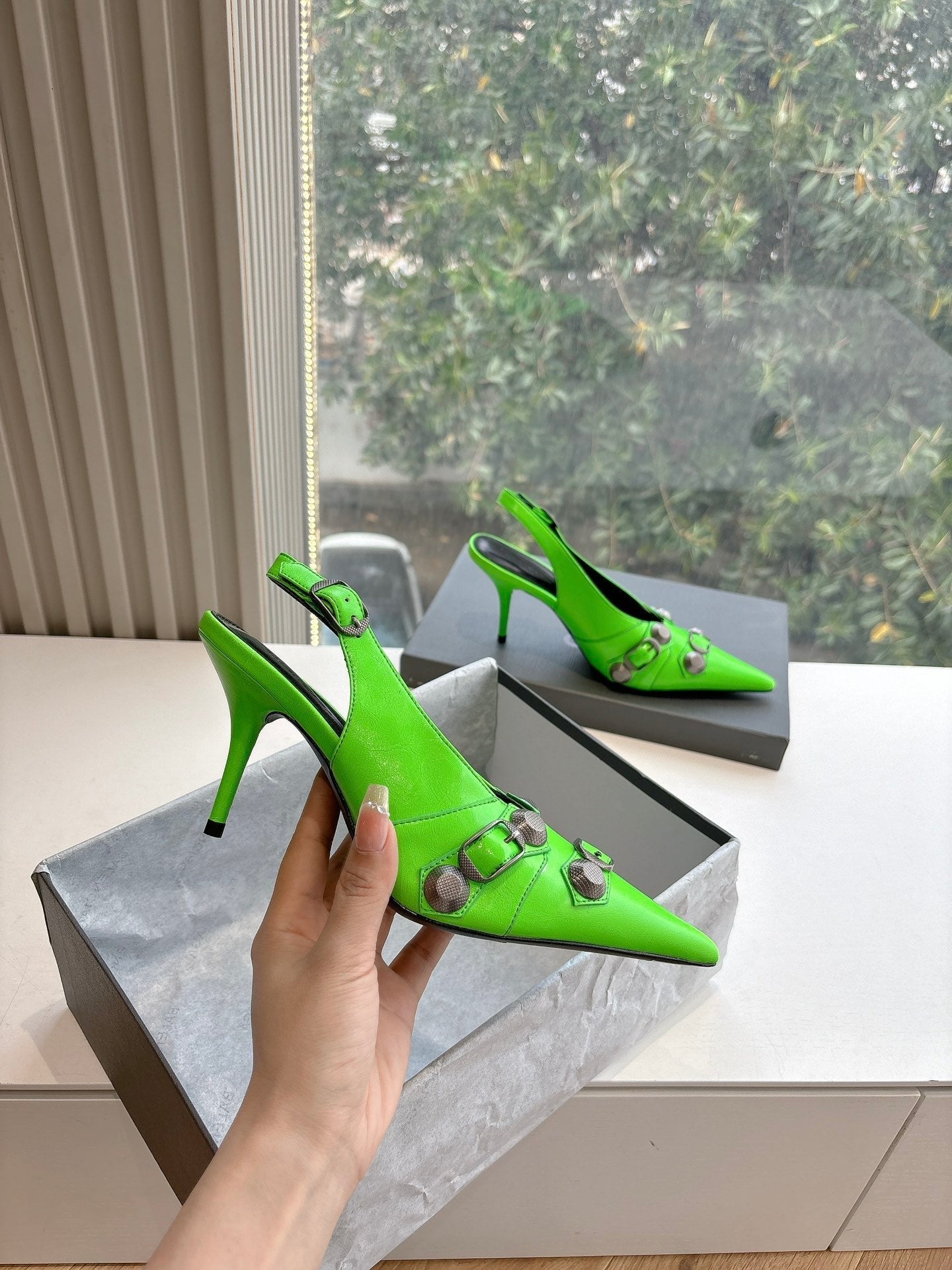 Balanciaga CAGOLE HIGH SLINGBACK IN NEON GREEN GLOSSY CALFSKIN