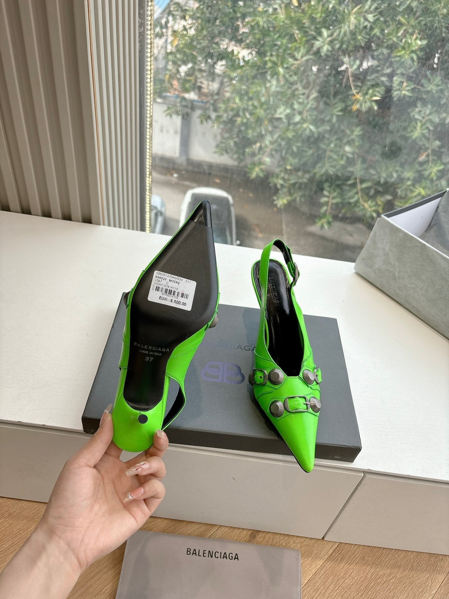 Balanciaga CAGOLE HIGH SLINGBACK IN NEON GREEN GLOSSY CALFSKIN