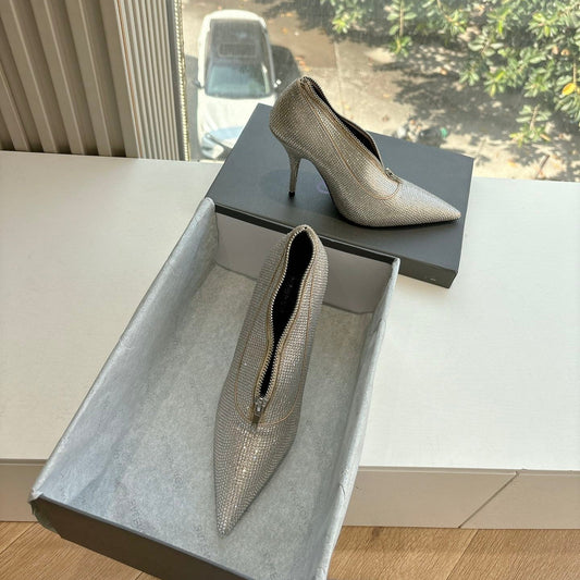 Balanciaga ZIPPER POINTED-TOE HIGH PUMPS IN BEIGE SUEDE ATTACHED SILVER CRYSTAL