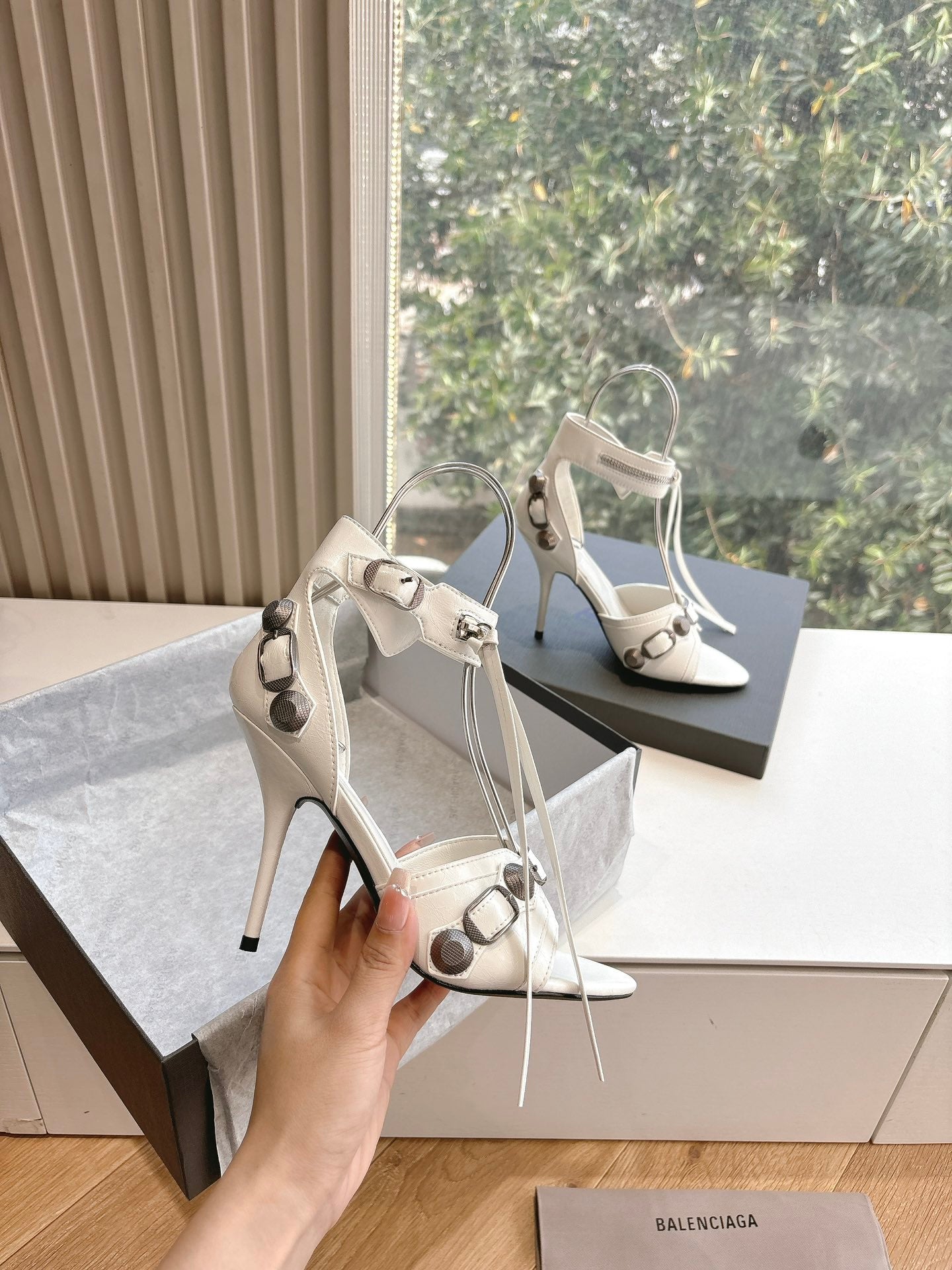 Balanciaga CAGOLE HIGH-HEEL SANDALS IN WHITE LAMBSKIN