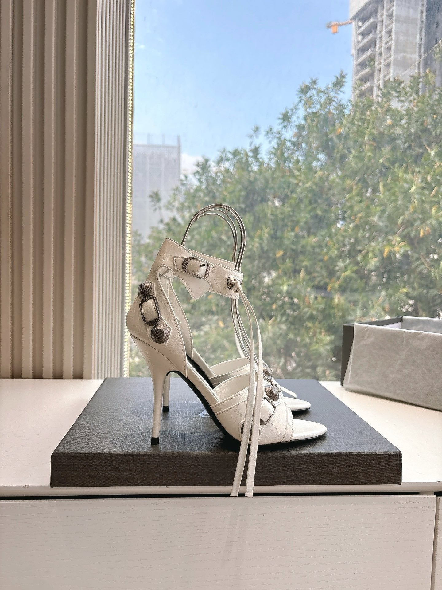 Balanciaga CAGOLE HIGH-HEEL SANDALS IN WHITE LAMBSKIN