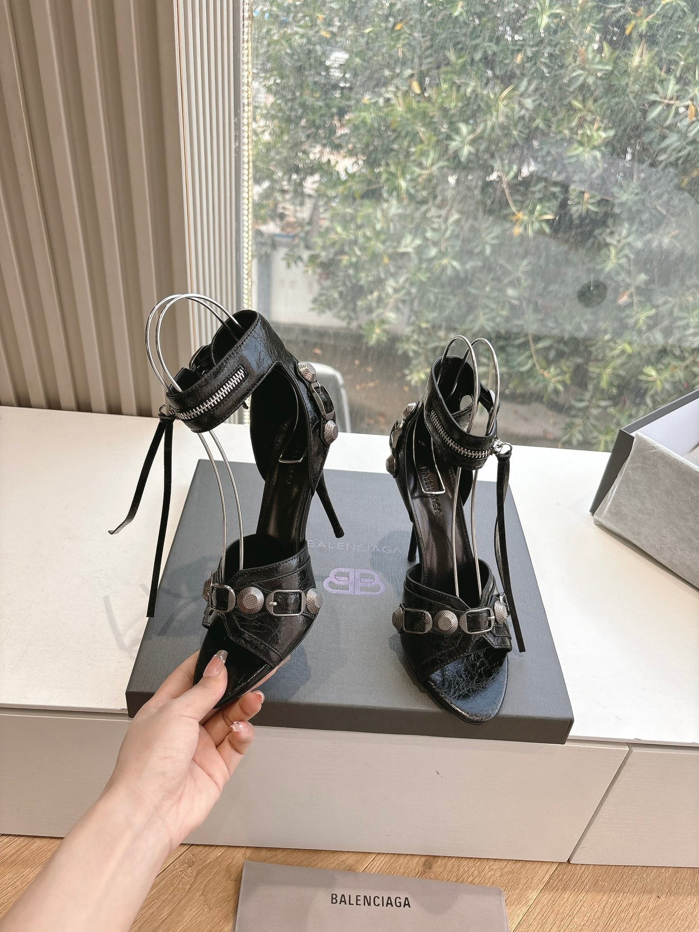 Balanciaga CAGOLE HIGH-HEEL SANDALS IN BLACK LAMBSKIN
