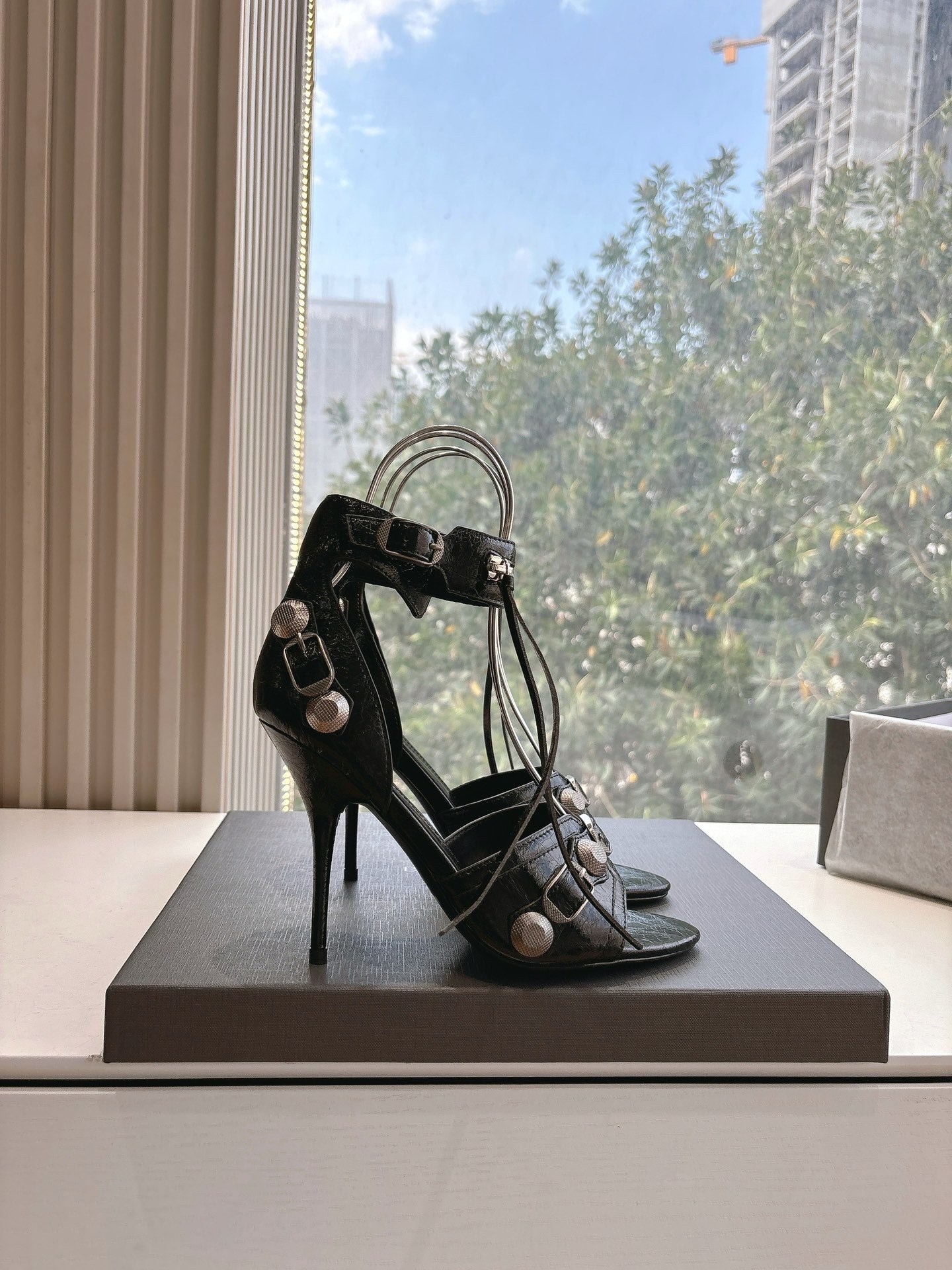 Balanciaga CAGOLE HIGH-HEEL SANDALS IN BLACK LAMBSKIN
