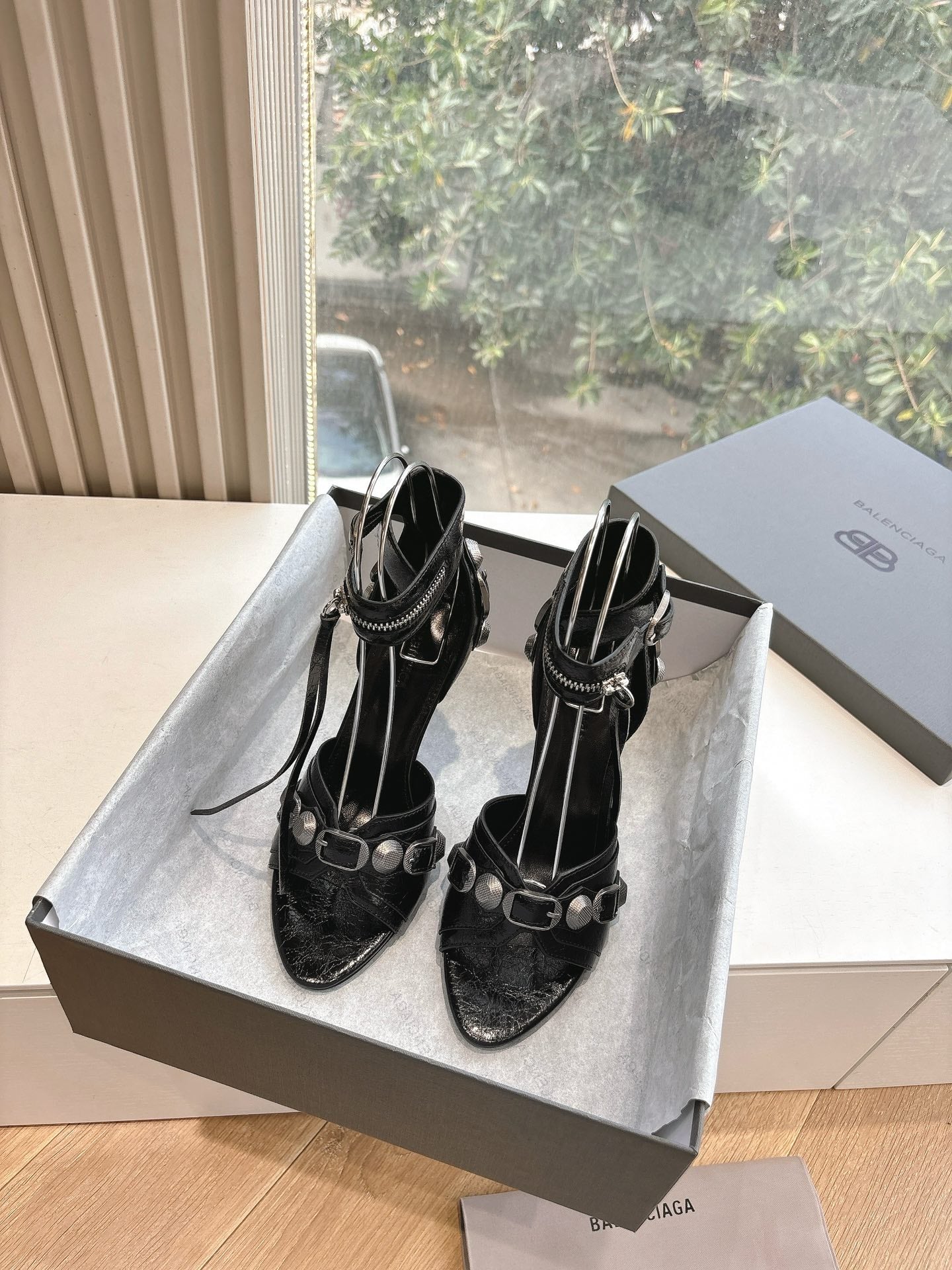 Balanciaga CAGOLE HIGH-HEEL SANDALS IN BLACK LAMBSKIN