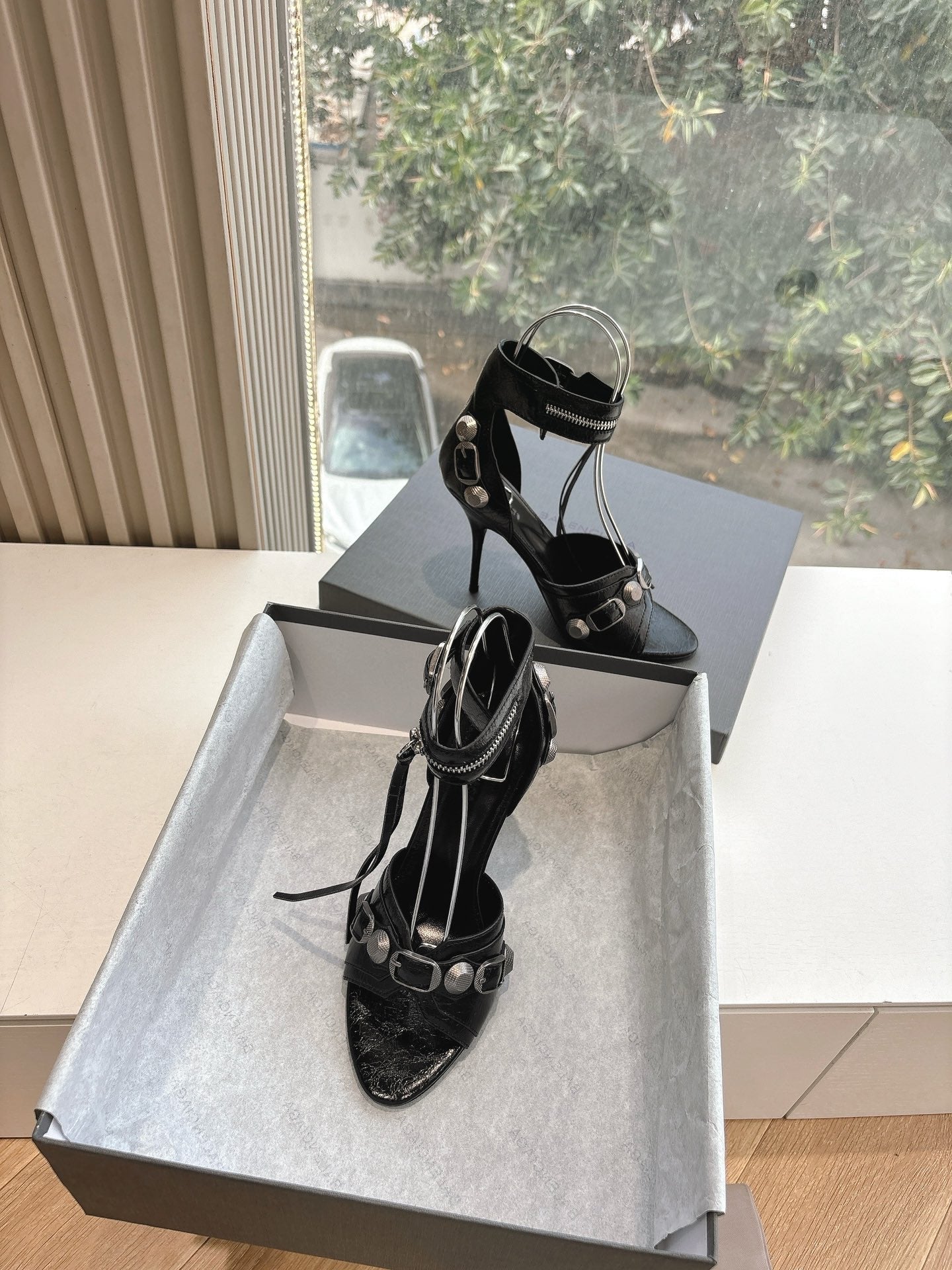 Balanciaga CAGOLE HIGH-HEEL SANDALS IN BLACK LAMBSKIN