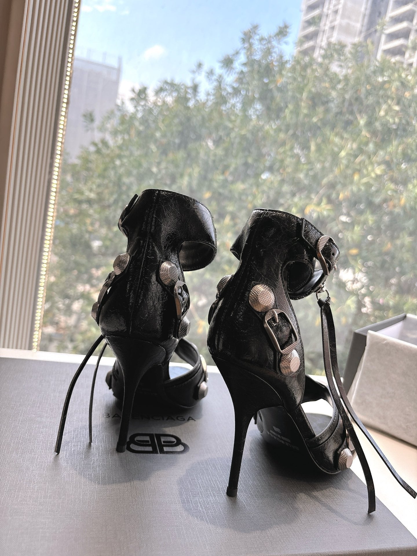 Balanciaga CAGOLE HIGH-HEEL SANDALS IN BLACK LAMBSKIN