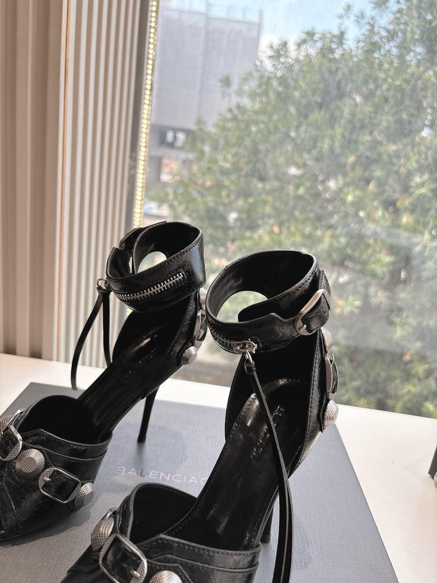 Balanciaga CAGOLE HIGH-HEEL SANDALS IN BLACK LAMBSKIN