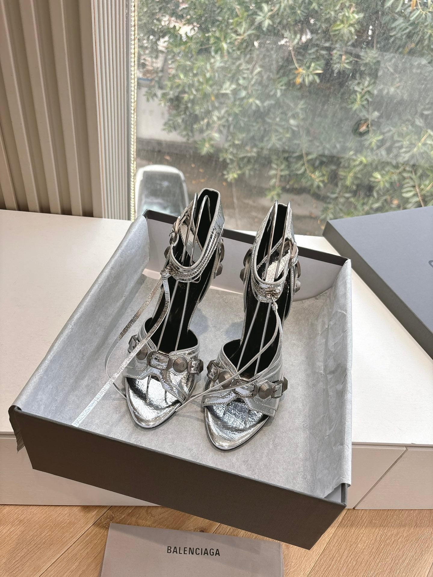Balanciaga CAGOLE HIGH-HEEL SANDALS IN SILVER METALLIC LAMBSKIN