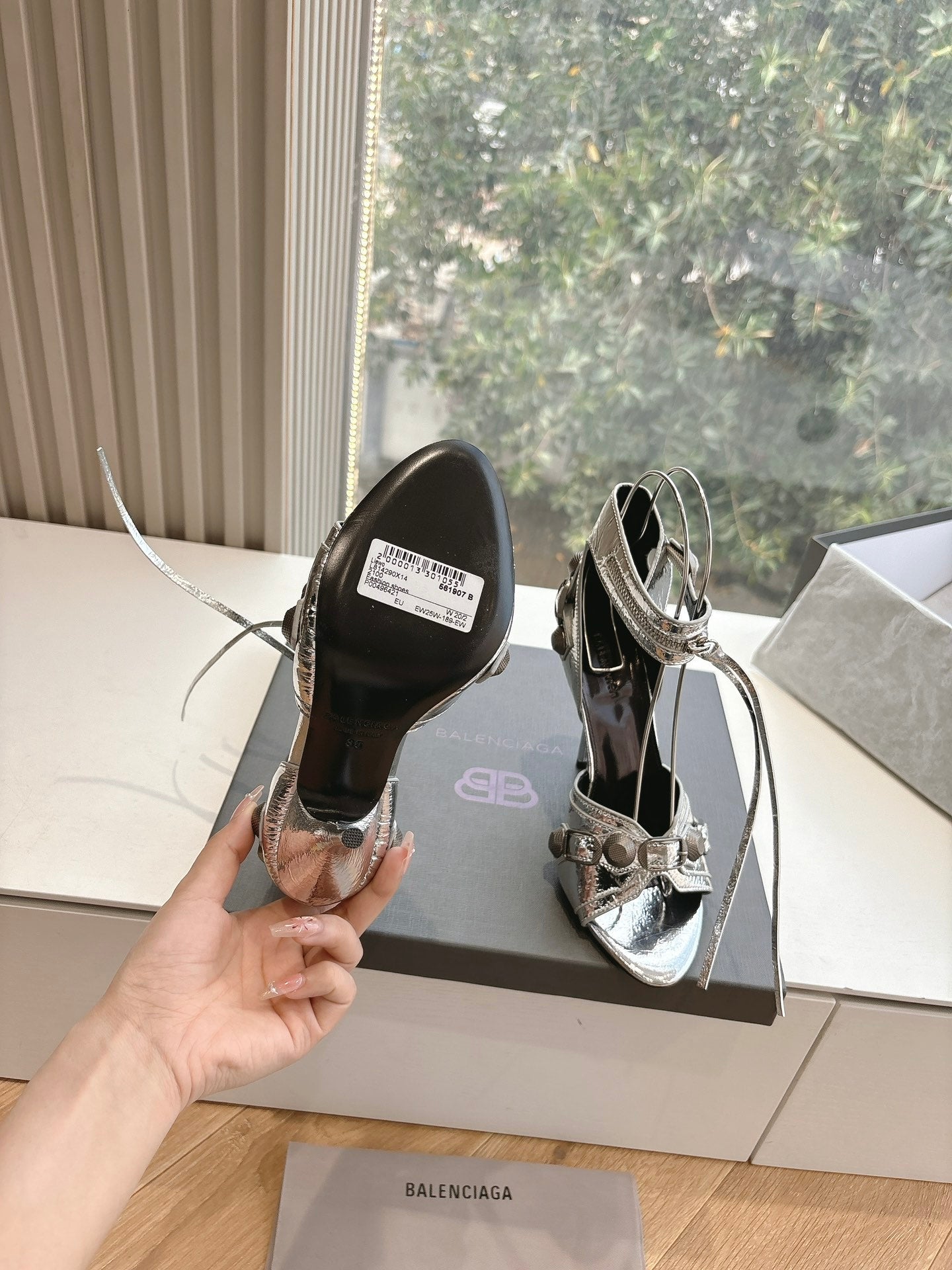 Balanciaga CAGOLE HIGH-HEEL SANDALS IN SILVER METALLIC LAMBSKIN