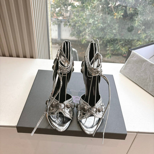 Balanciaga CAGOLE HIGH-HEEL SANDALS IN SILVER METALLIC LAMBSKIN