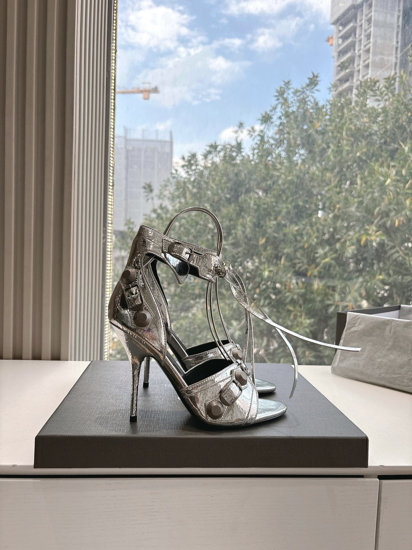 Balanciaga CAGOLE HIGH-HEEL SANDALS IN SILVER METALLIC LAMBSKIN