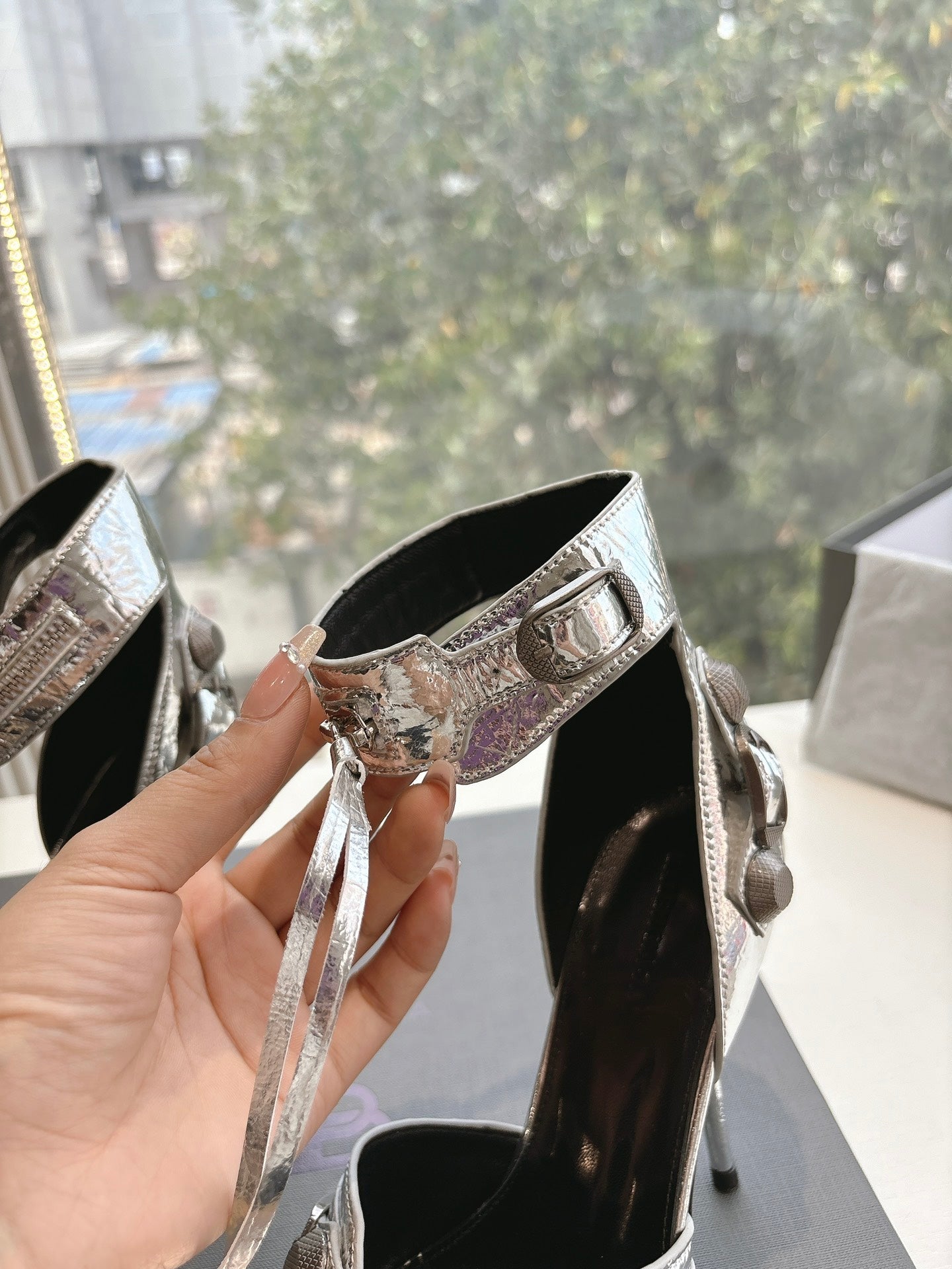 Balanciaga CAGOLE HIGH-HEEL SANDALS IN SILVER METALLIC LAMBSKIN