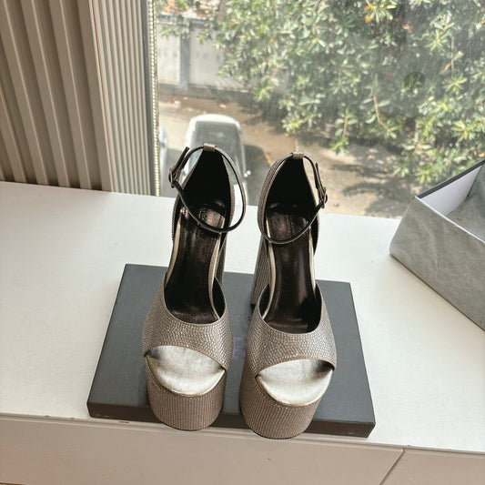 Balanciaga PLATFORM ANKLE STRAP HEELS IN BEIGE METALLIC ATTACHED RHINESTONES CALFSKIN