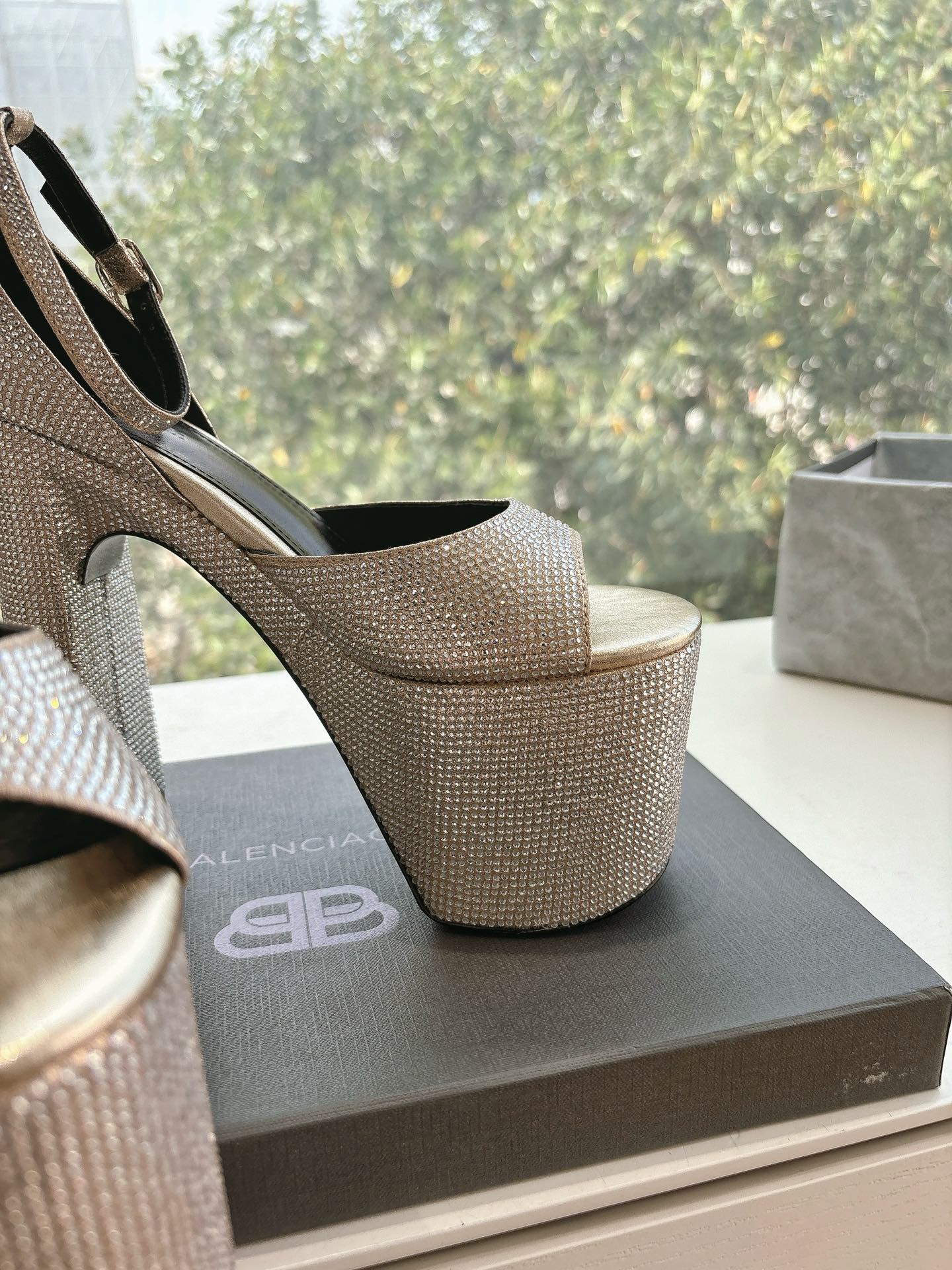 Balanciaga PLATFORM ANKLE STRAP HEELS IN BEIGE METALLIC ATTACHED RHINESTONES CALFSKIN