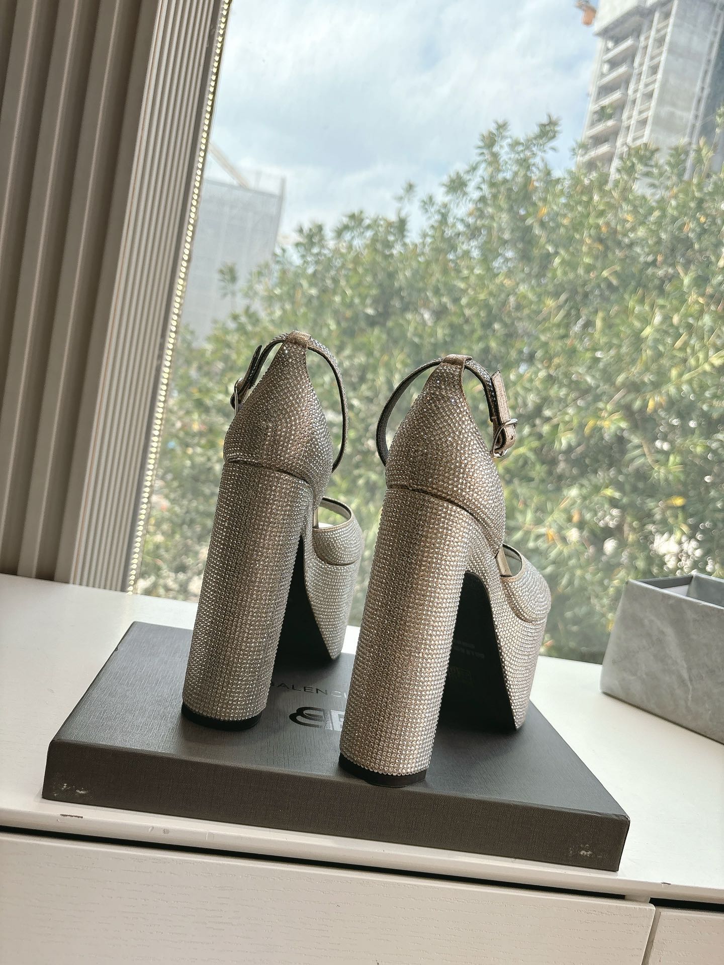 Balanciaga PLATFORM ANKLE STRAP HEELS IN BEIGE METALLIC ATTACHED RHINESTONES CALFSKIN