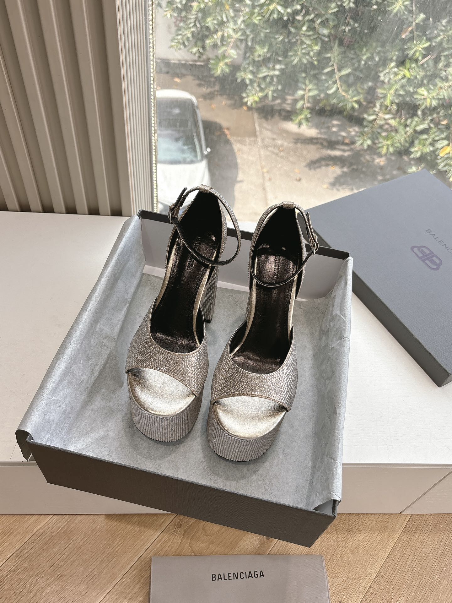 Balanciaga PLATFORM ANKLE STRAP HEELS IN BEIGE METALLIC ATTACHED RHINESTONES CALFSKIN