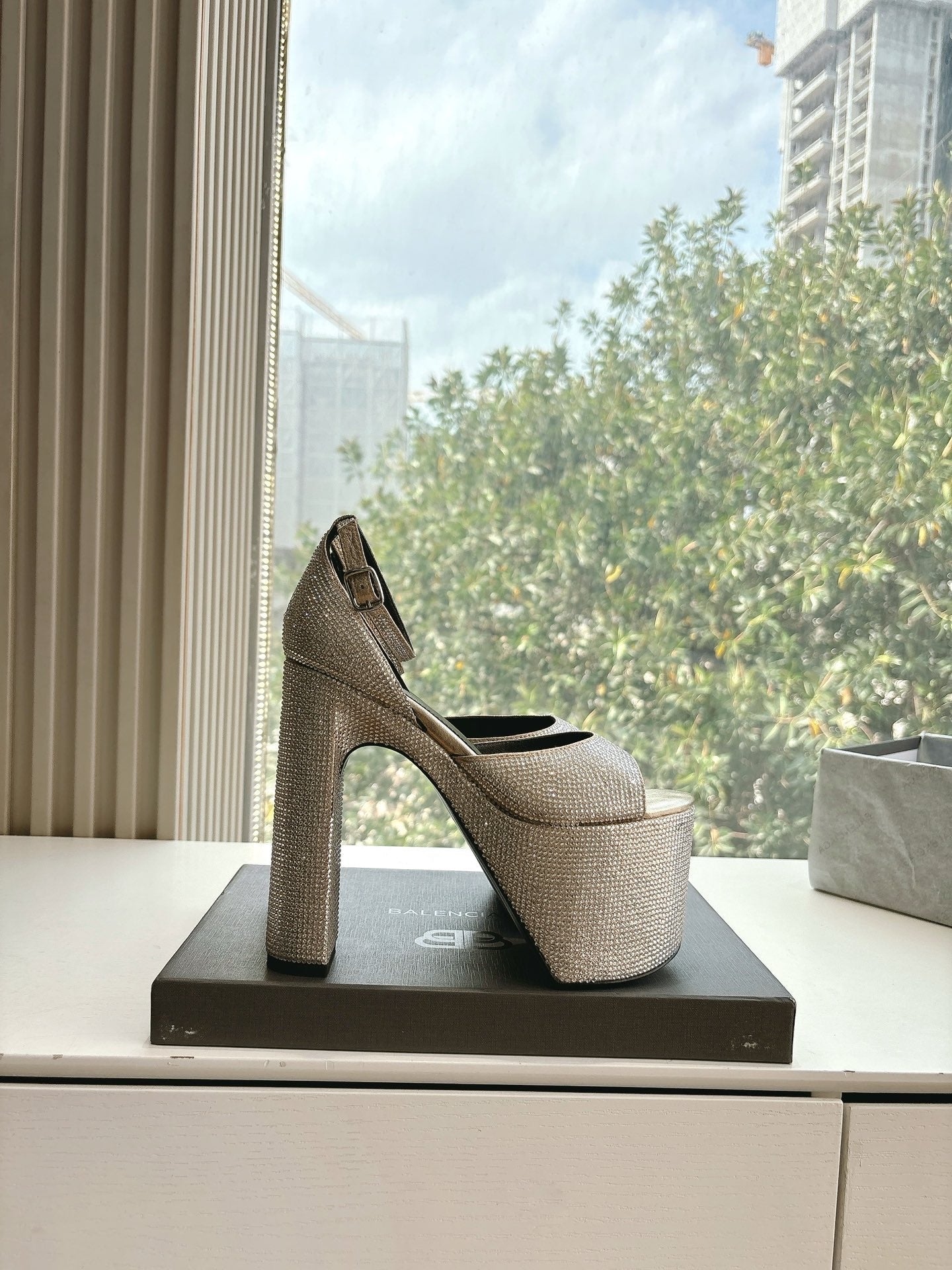 Balanciaga PLATFORM ANKLE STRAP HEELS IN BEIGE METALLIC ATTACHED RHINESTONES CALFSKIN