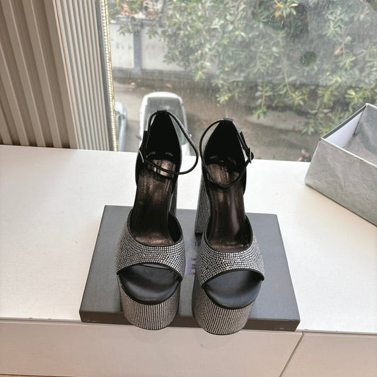 Balanciaga PLATFORM ANKLE STRAP HEELS IN BLACK ATTACHED RHINESTONES CALFSKIN