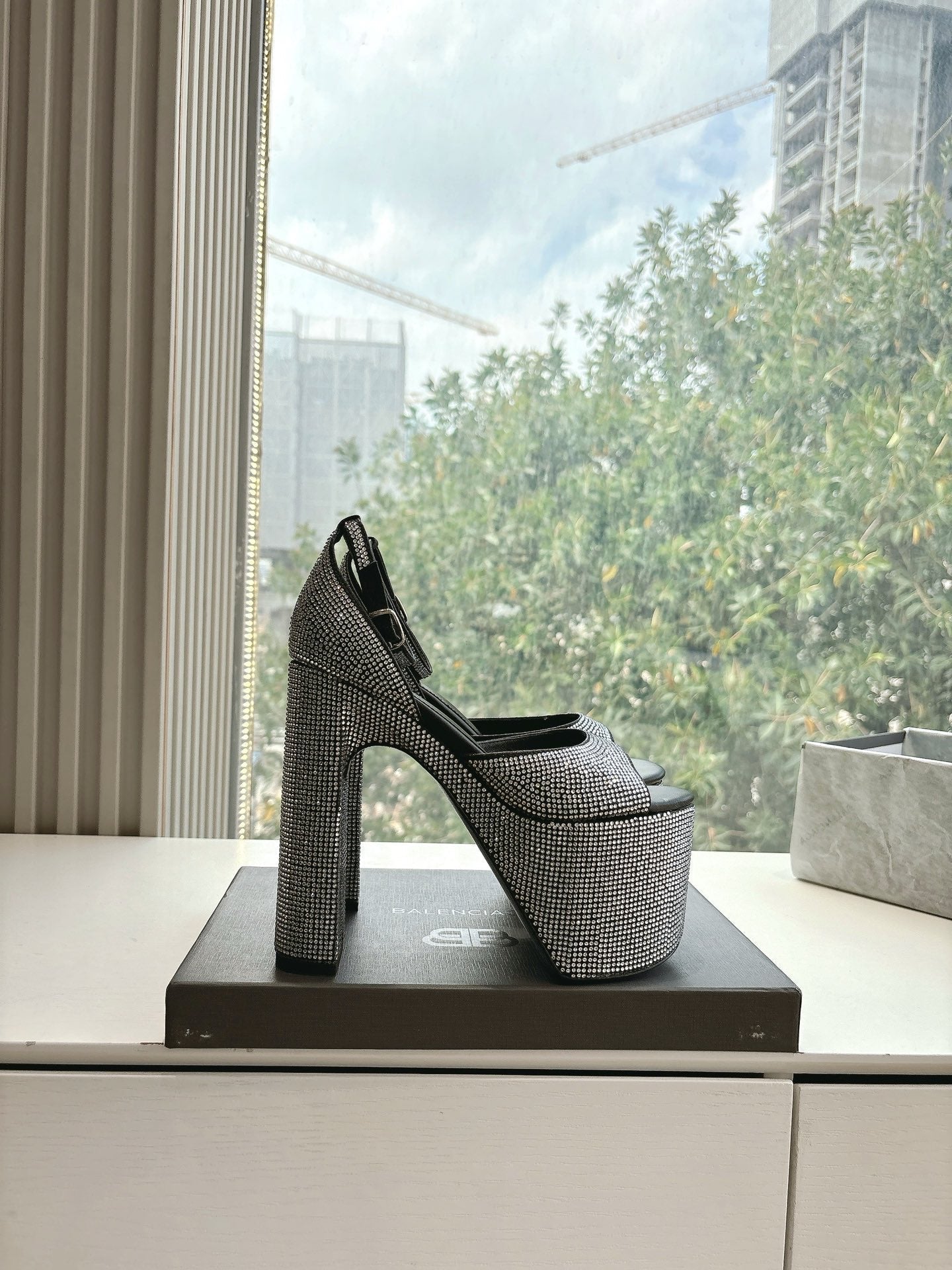 Balanciaga PLATFORM ANKLE STRAP HEELS IN BLACK ATTACHED RHINESTONES CALFSKIN