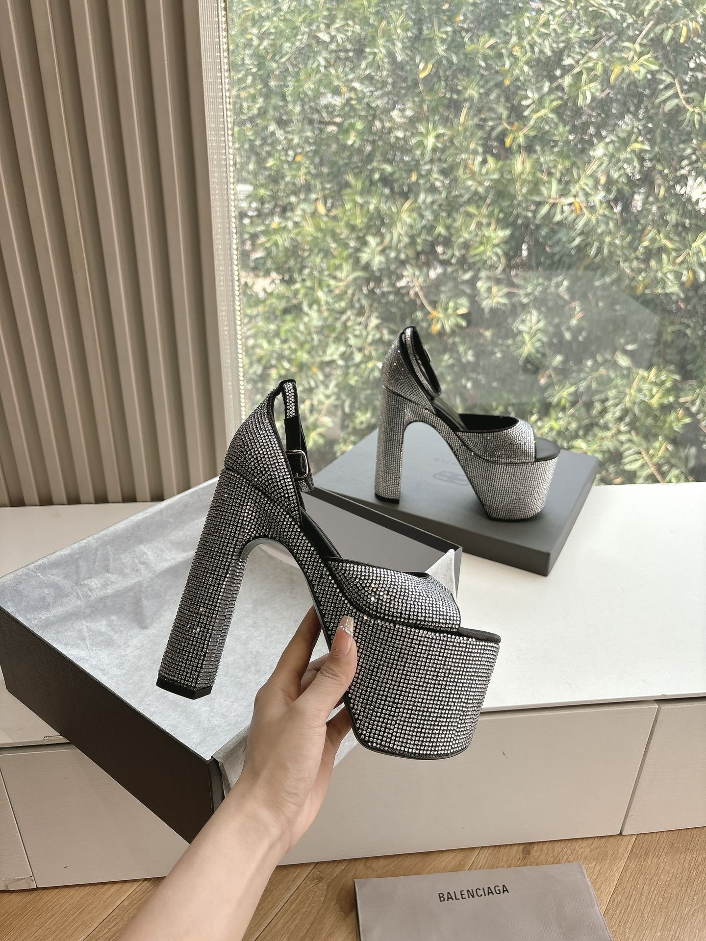 Balanciaga PLATFORM ANKLE STRAP HEELS IN BLACK ATTACHED RHINESTONES CALFSKIN