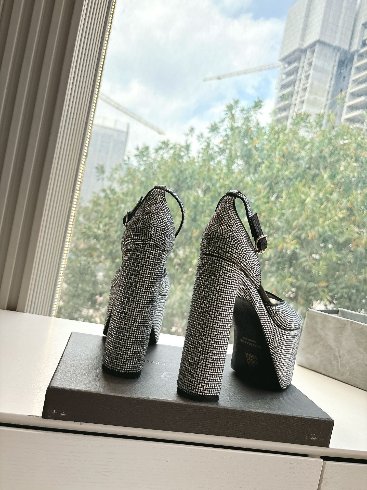 Balanciaga PLATFORM ANKLE STRAP HEELS IN BLACK ATTACHED RHINESTONES CALFSKIN