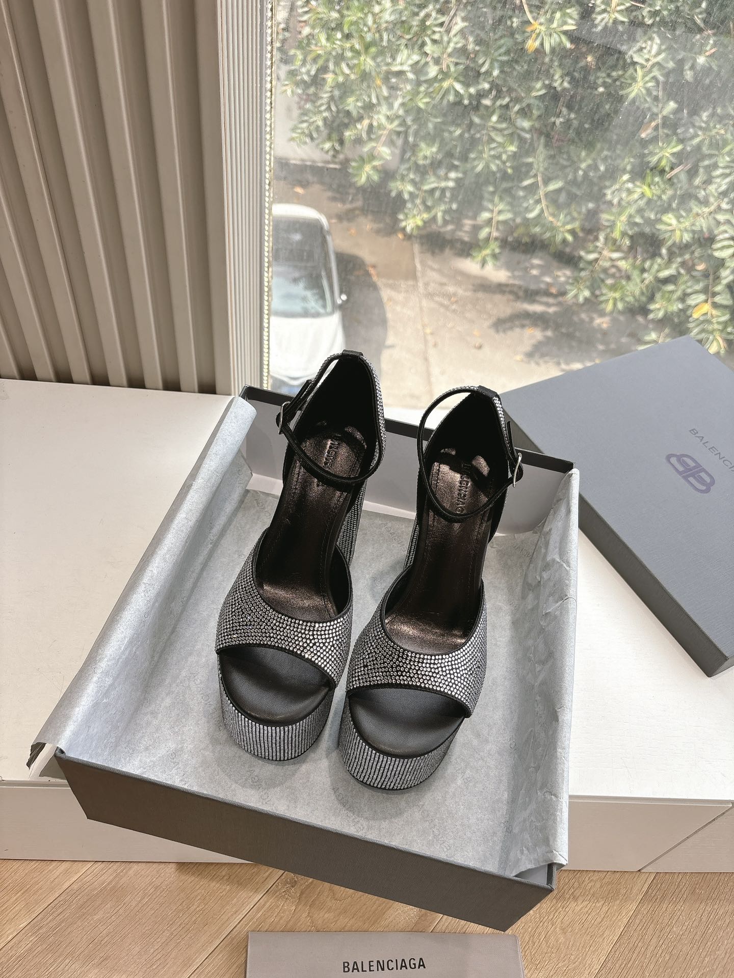 Balanciaga PLATFORM ANKLE STRAP HEELS IN BLACK ATTACHED RHINESTONES CALFSKIN