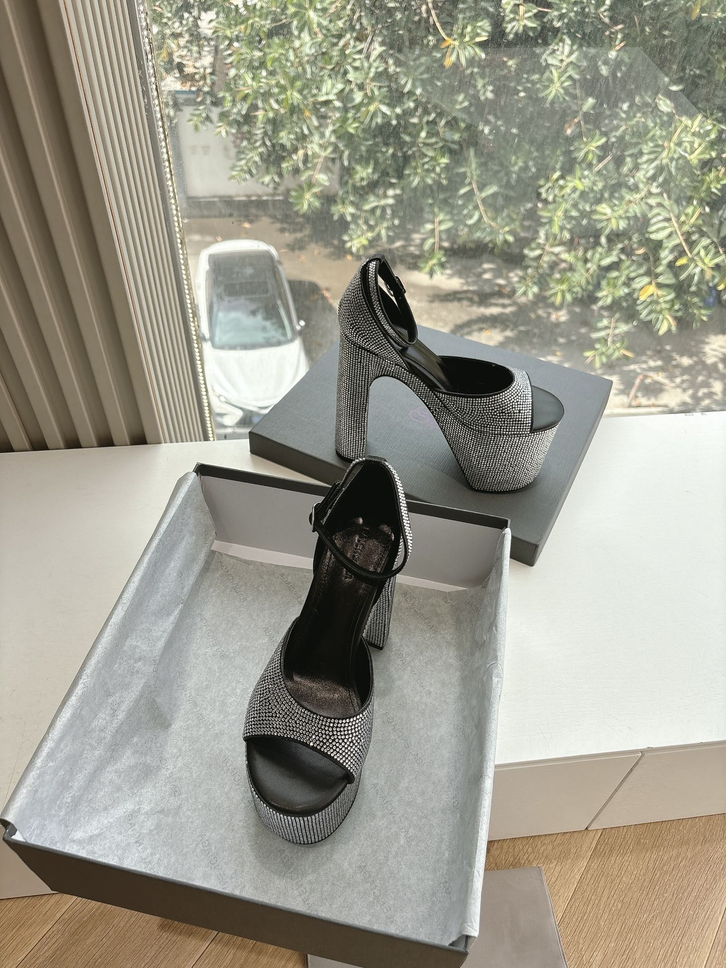 Balanciaga PLATFORM ANKLE STRAP HEELS IN BLACK ATTACHED RHINESTONES CALFSKIN