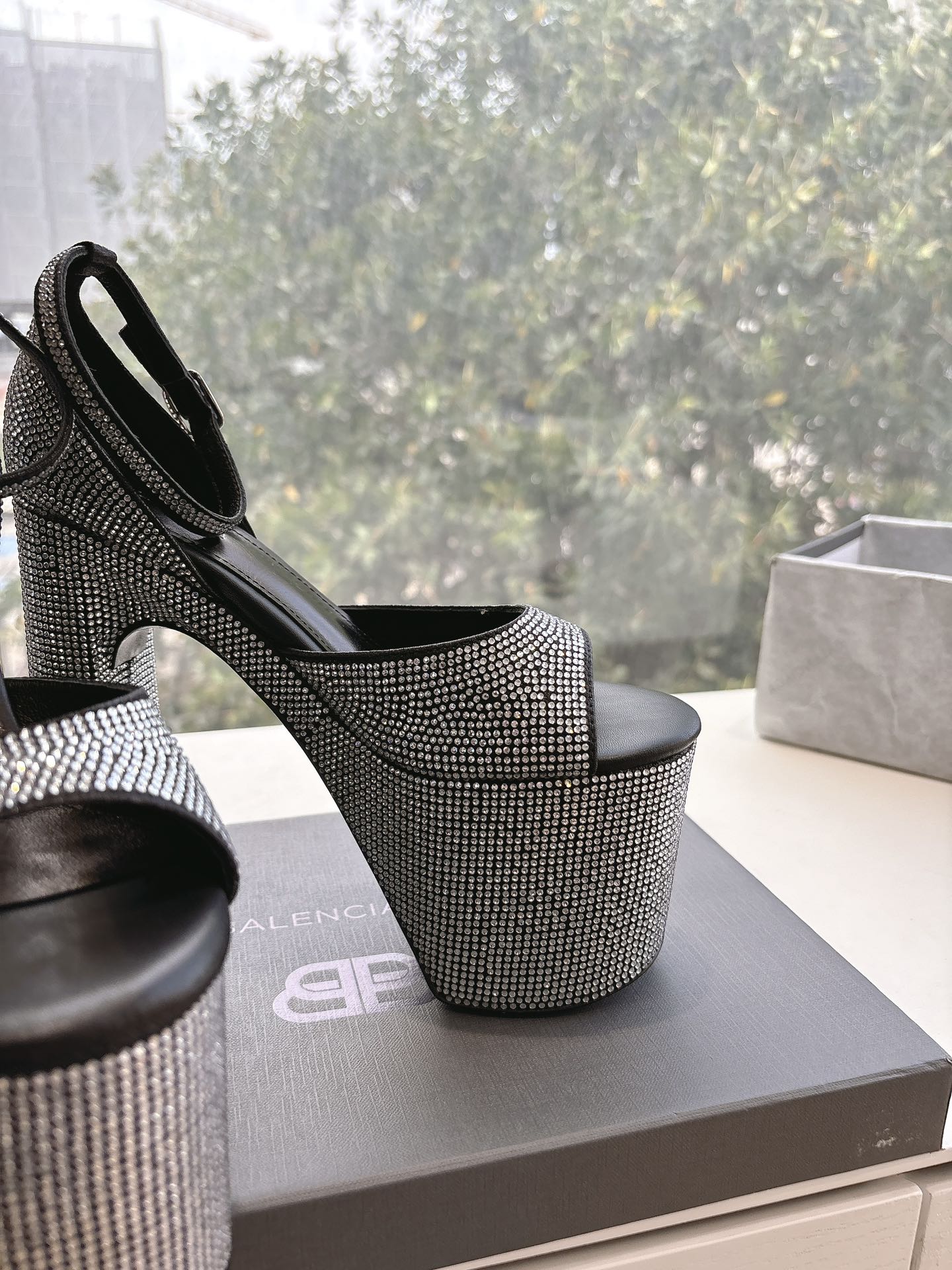 Balanciaga PLATFORM ANKLE STRAP HEELS IN BLACK ATTACHED RHINESTONES CALFSKIN