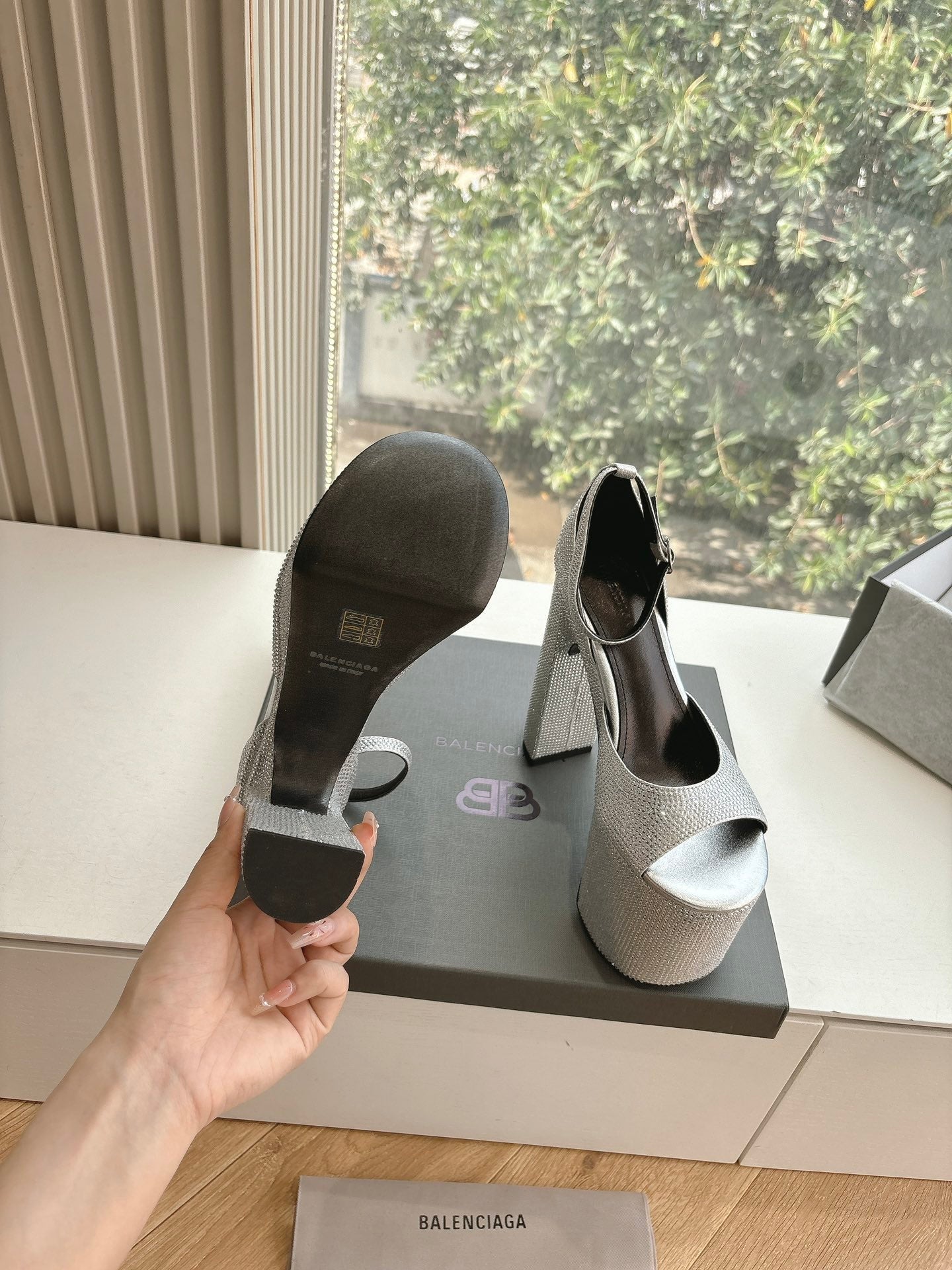 Balanciaga PLATFORM ANKLE STRAP HEELS IN SILVER METALLIC ATTACHED RHINESTONES CALFSKIN