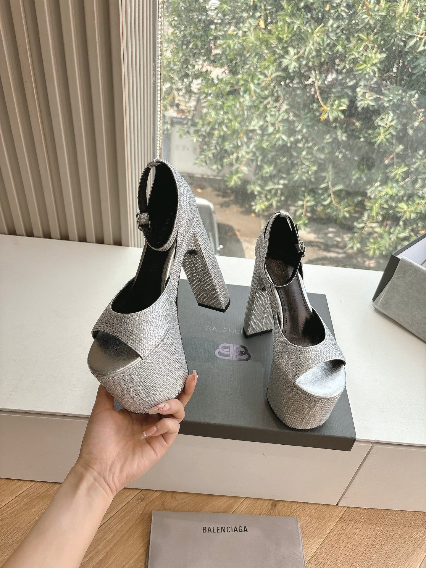 Balanciaga PLATFORM ANKLE STRAP HEELS IN SILVER METALLIC ATTACHED RHINESTONES CALFSKIN