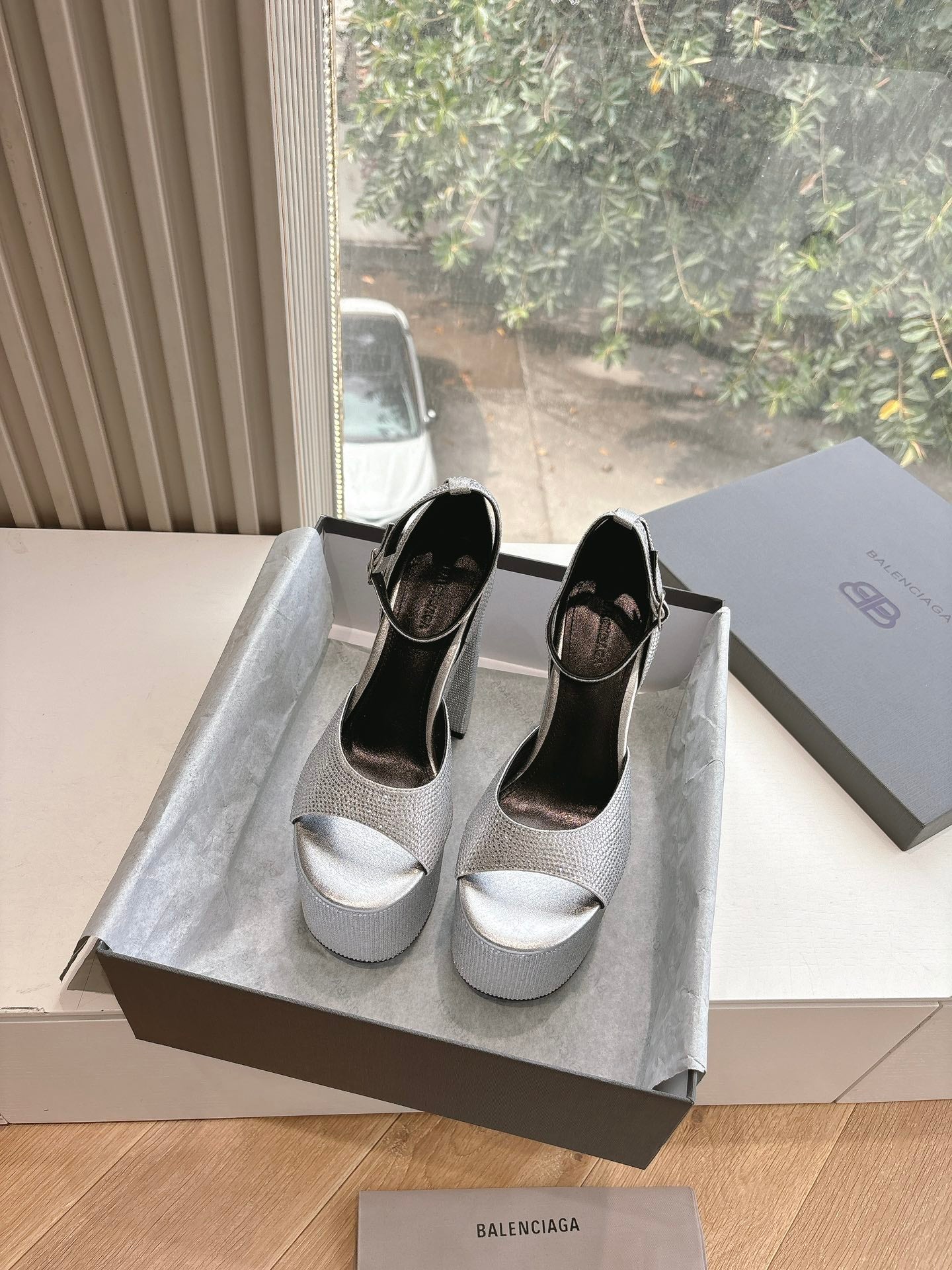 Balanciaga PLATFORM ANKLE STRAP HEELS IN SILVER METALLIC ATTACHED RHINESTONES CALFSKIN