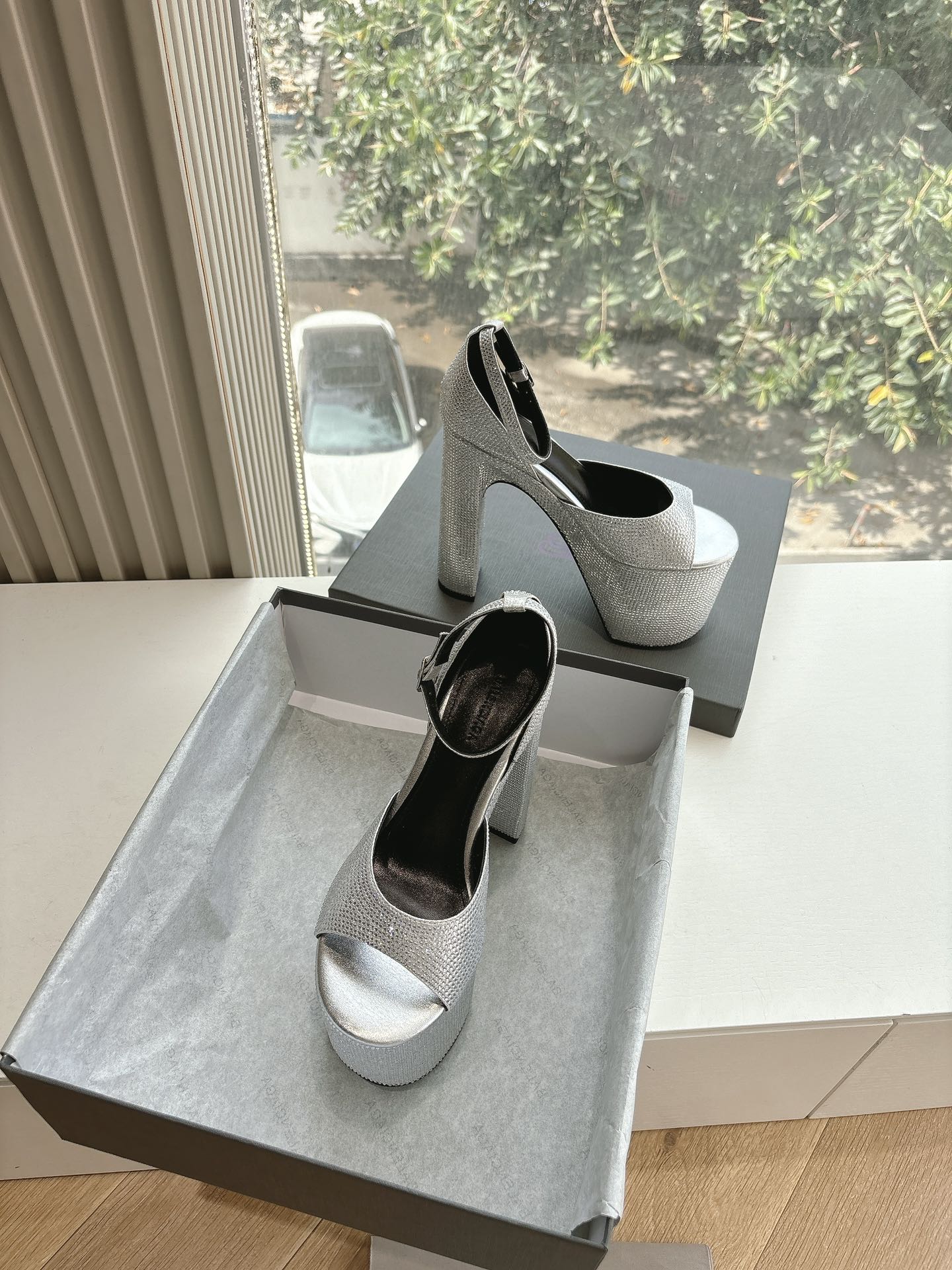 Balanciaga PLATFORM ANKLE STRAP HEELS IN SILVER METALLIC ATTACHED RHINESTONES CALFSKIN