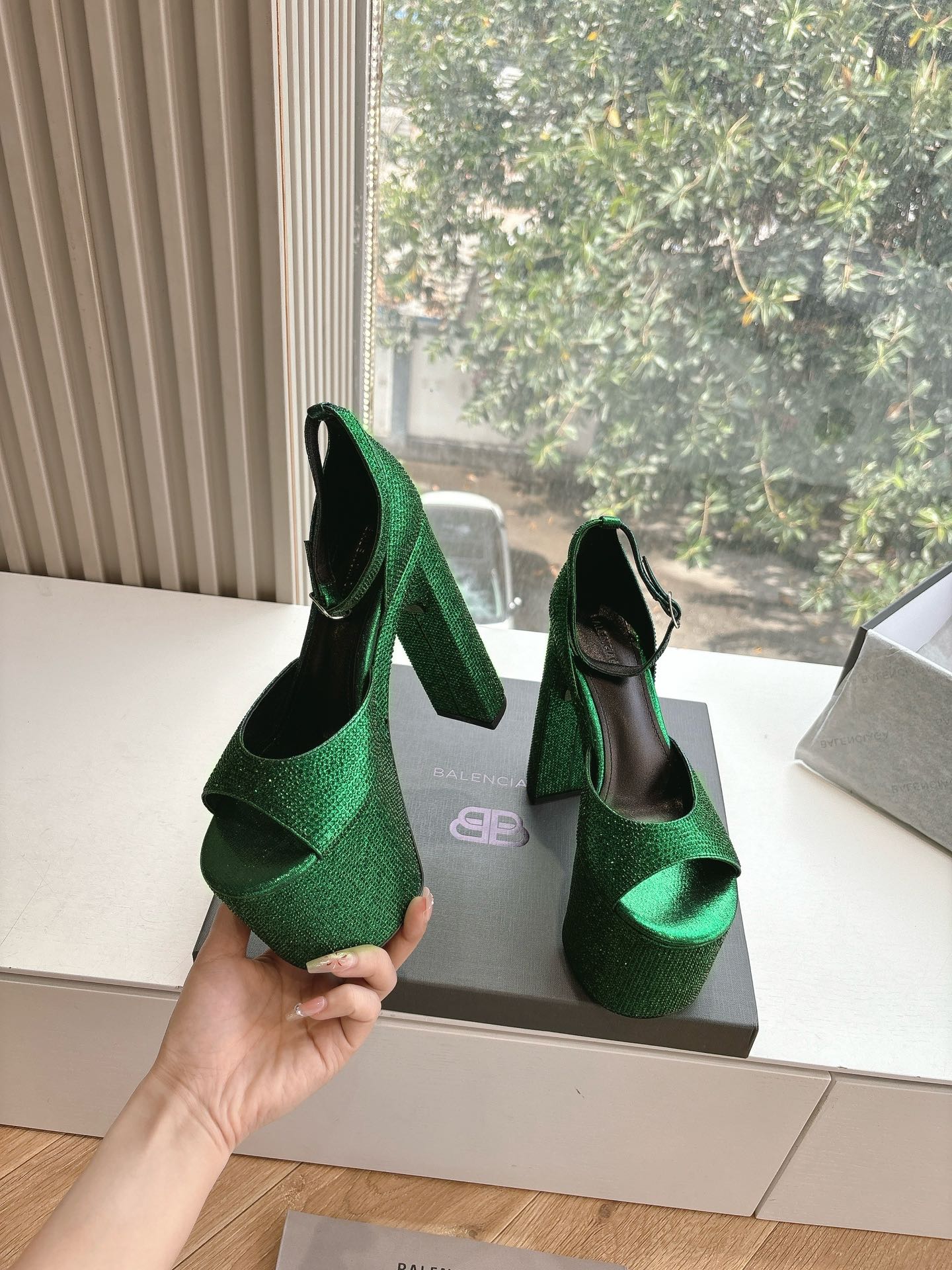 Balanciaga PLATFORM ANKLE STRAP HEELS IN GREEN METALLIC ATTACHED RHINESTONES CALFSKIN
