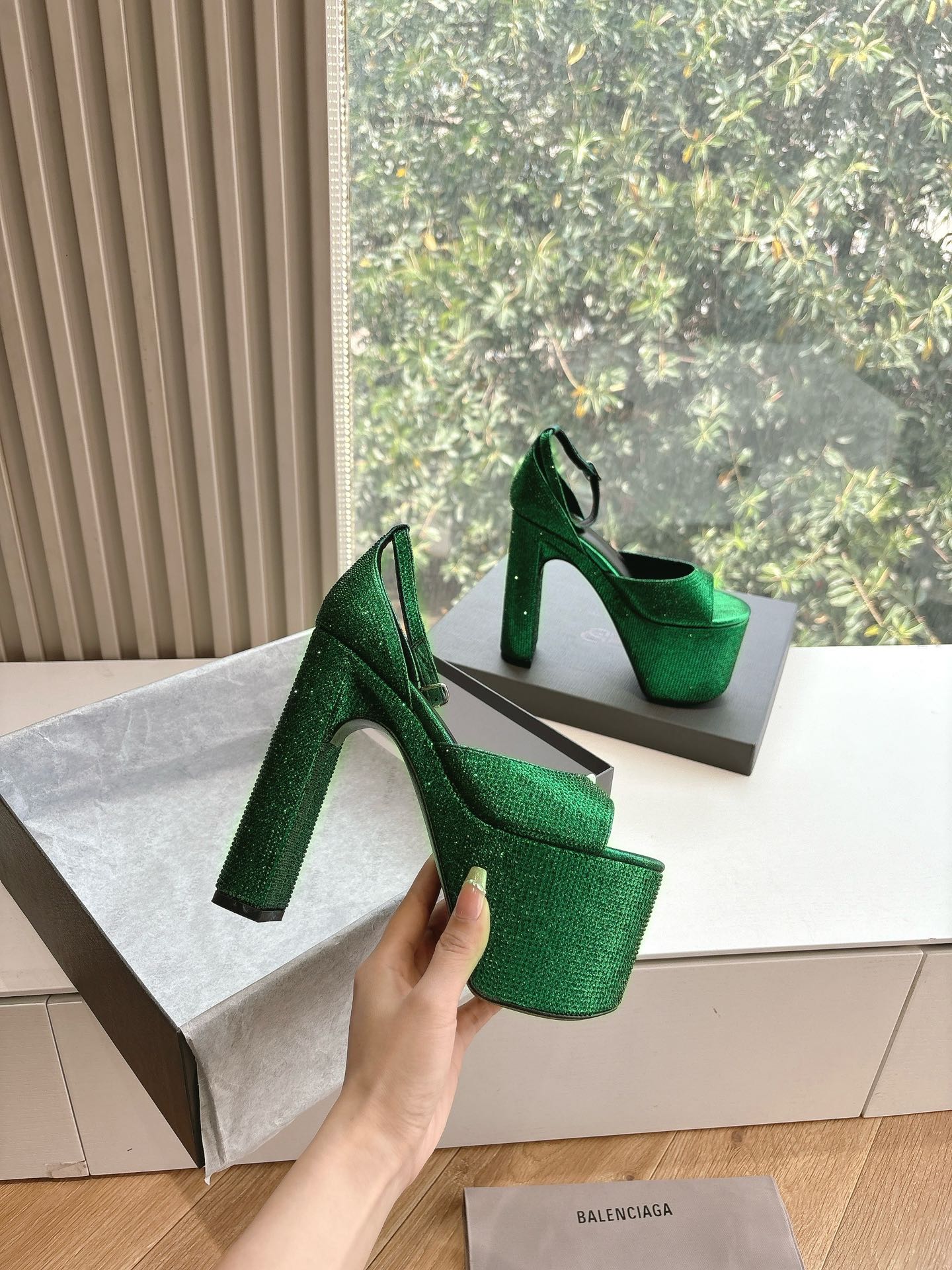 Balanciaga PLATFORM ANKLE STRAP HEELS IN GREEN METALLIC ATTACHED RHINESTONES CALFSKIN