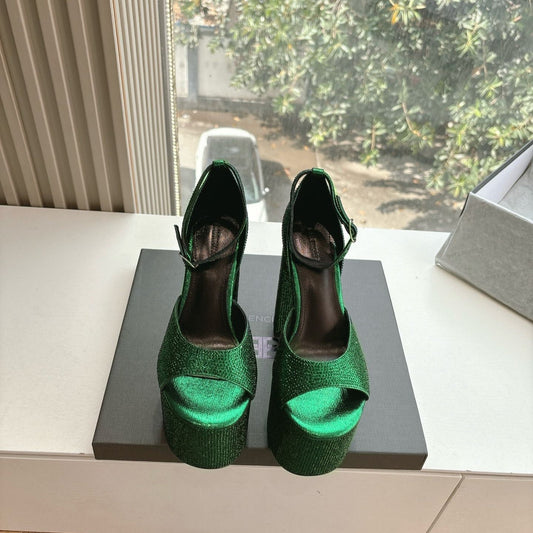 Balanciaga PLATFORM ANKLE STRAP HEELS IN GREEN METALLIC ATTACHED RHINESTONES CALFSKIN