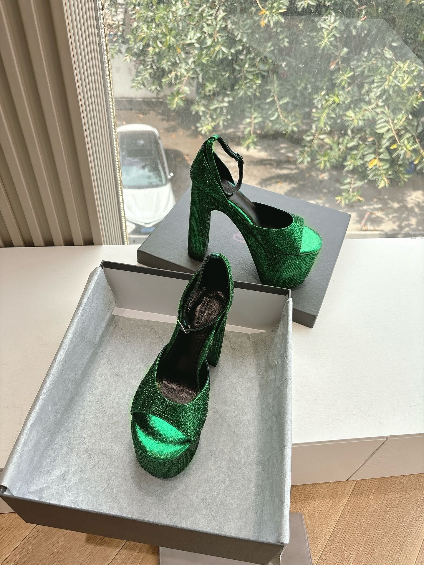 Balanciaga PLATFORM ANKLE STRAP HEELS IN GREEN METALLIC ATTACHED RHINESTONES CALFSKIN