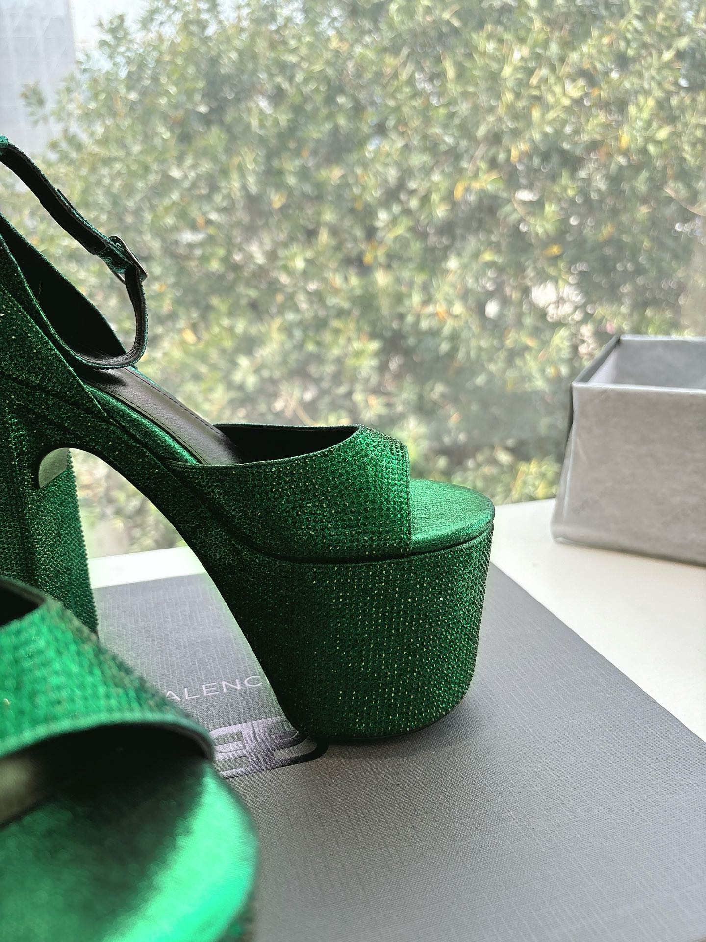 Balanciaga PLATFORM ANKLE STRAP HEELS IN GREEN METALLIC ATTACHED RHINESTONES CALFSKIN