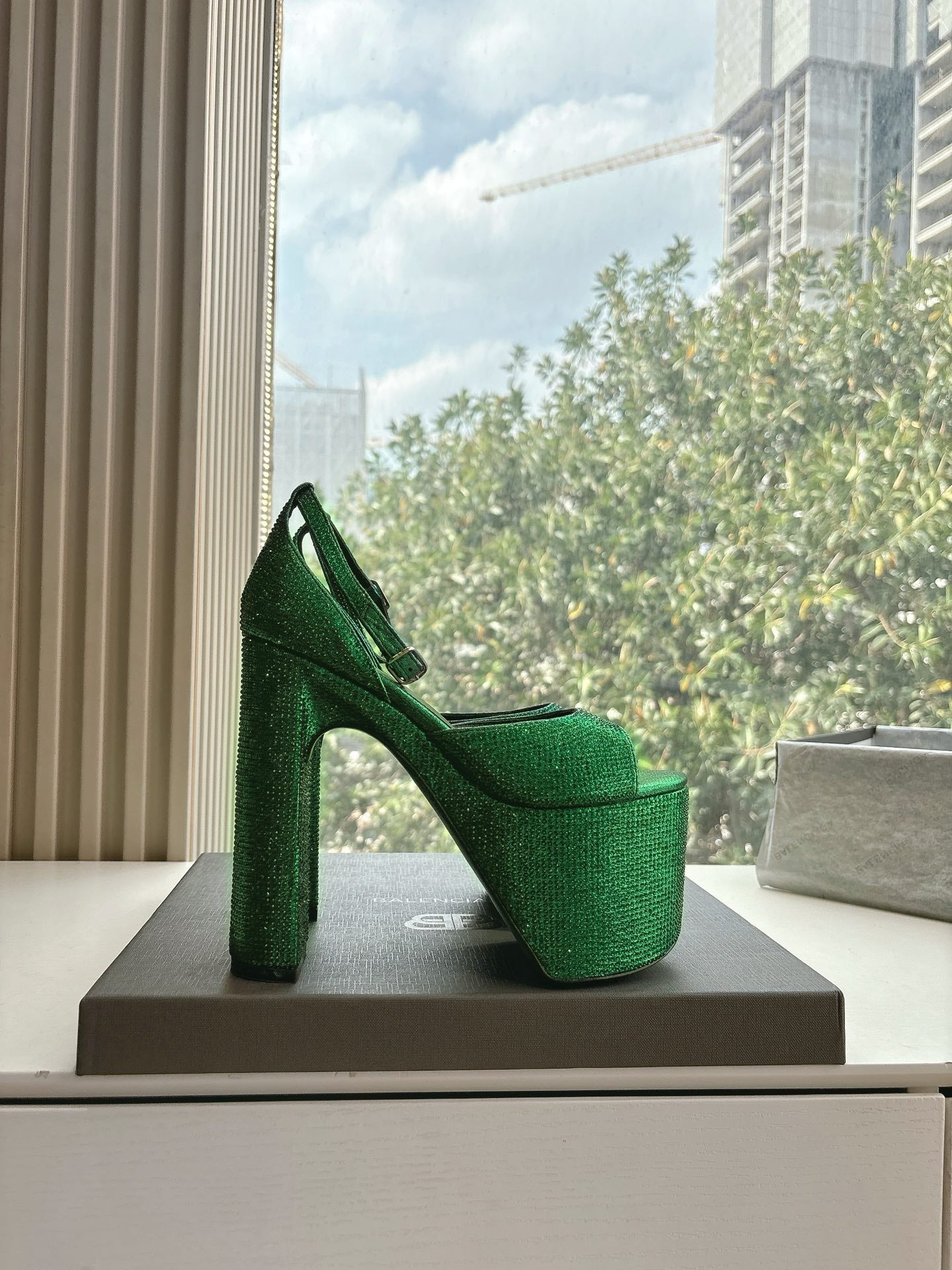 Balanciaga PLATFORM ANKLE STRAP HEELS IN GREEN METALLIC ATTACHED RHINESTONES CALFSKIN