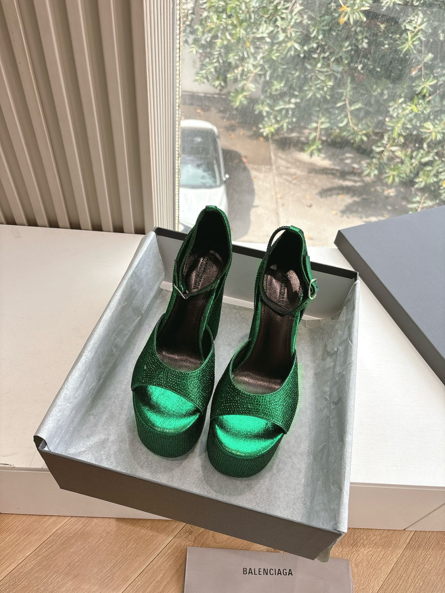 Balanciaga PLATFORM ANKLE STRAP HEELS IN GREEN METALLIC ATTACHED RHINESTONES CALFSKIN