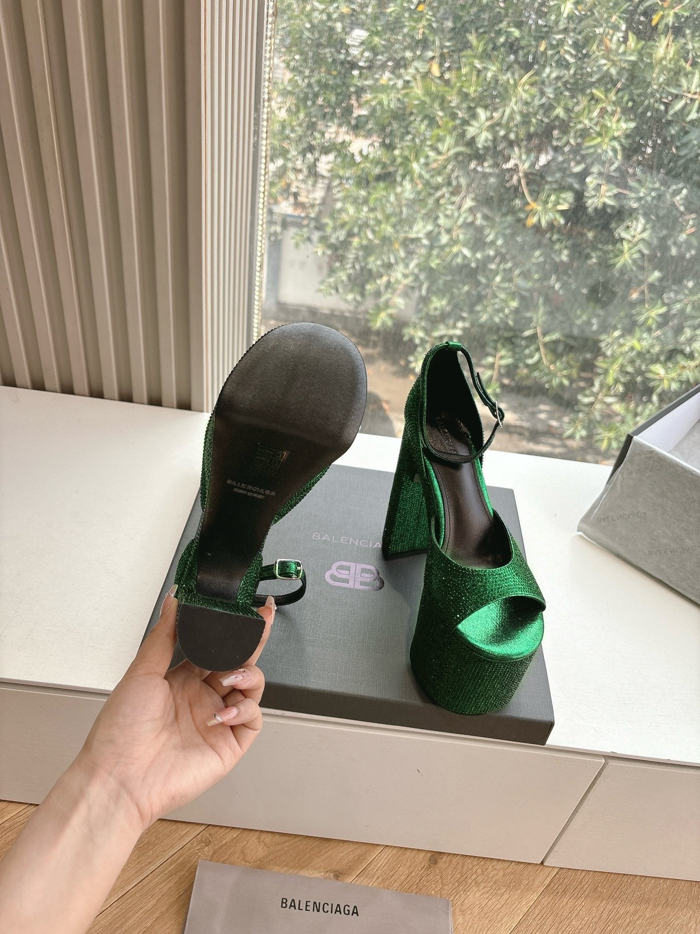 Balanciaga PLATFORM ANKLE STRAP HEELS IN GREEN METALLIC ATTACHED RHINESTONES CALFSKIN