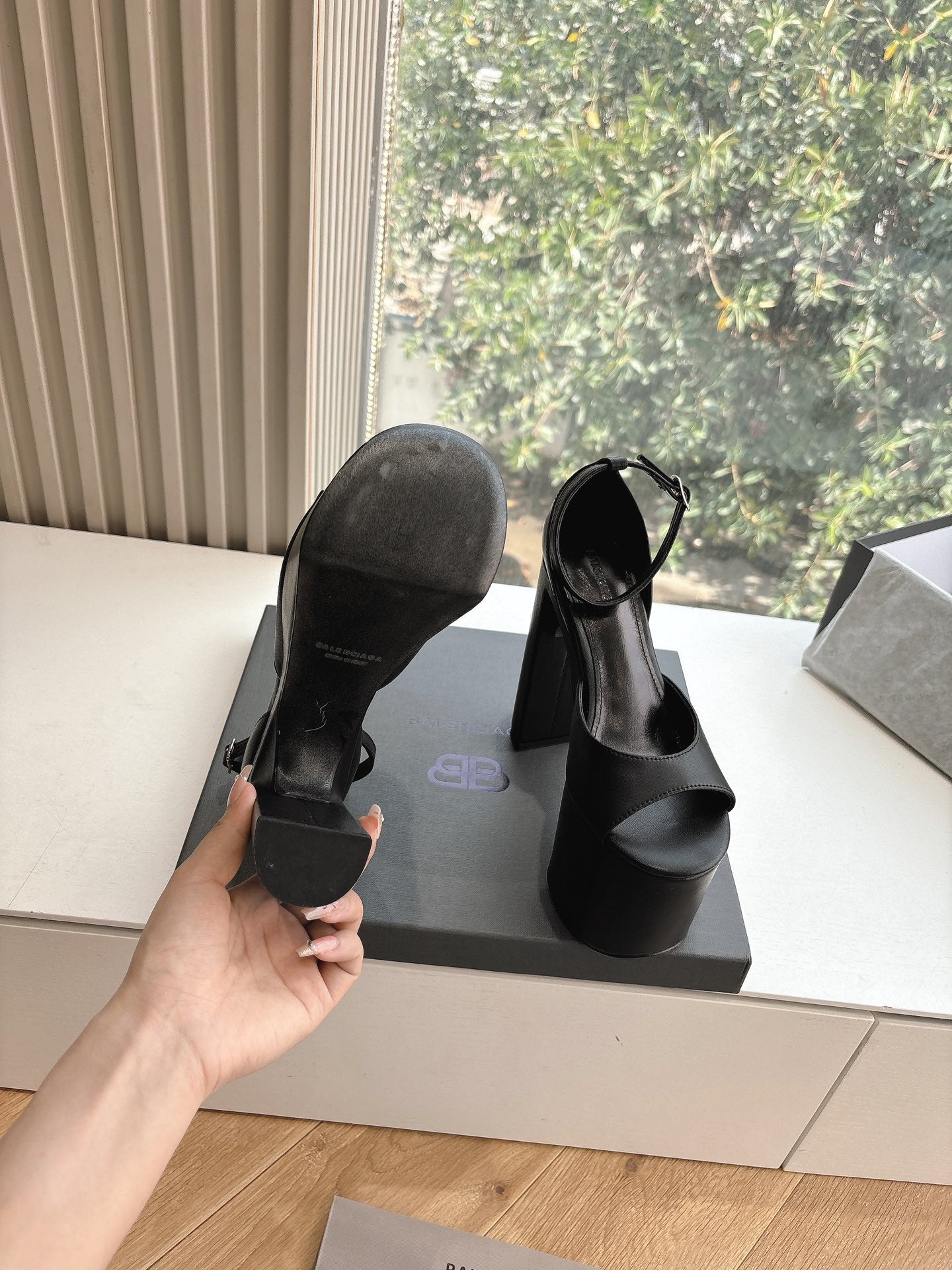 Balanciaga PLATFORM ANKLE STRAP HEELS IN BLACK SMOOTH CALFSKIN