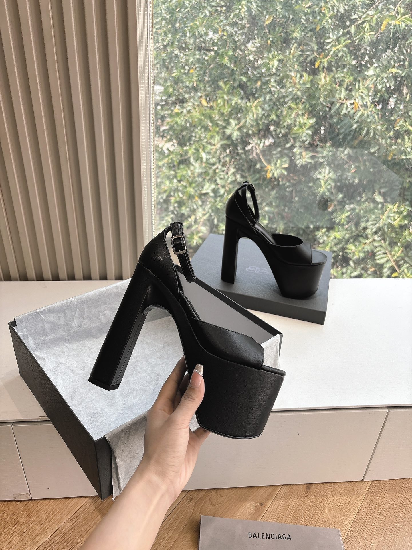 Balanciaga PLATFORM ANKLE STRAP HEELS IN BLACK SMOOTH CALFSKIN