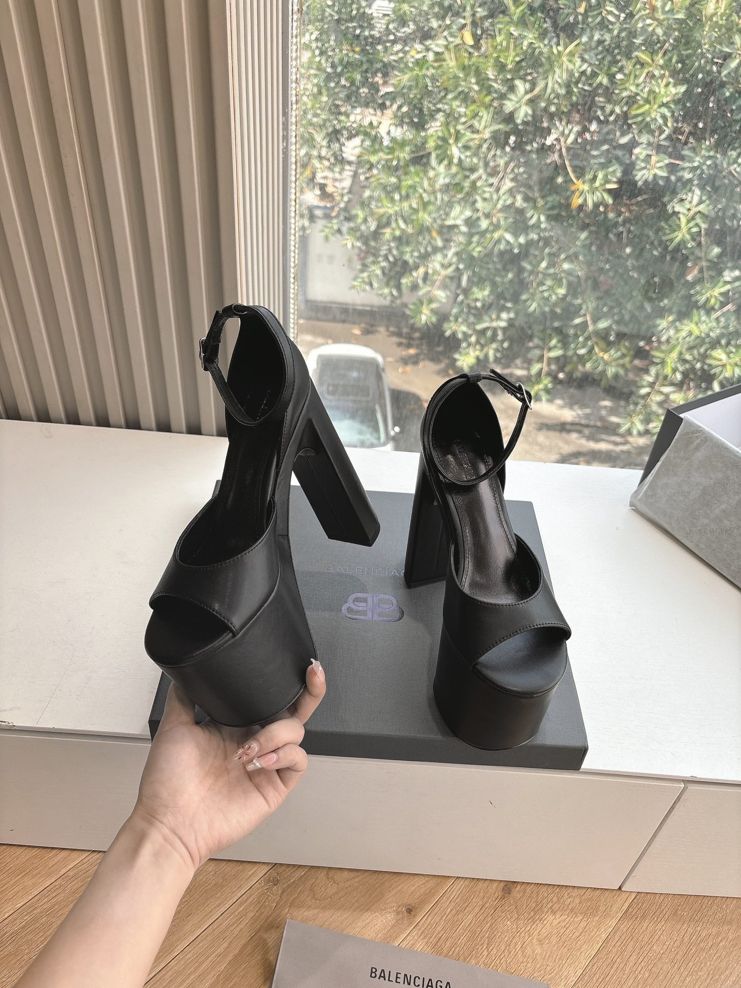 Balanciaga PLATFORM ANKLE STRAP HEELS IN BLACK SMOOTH CALFSKIN