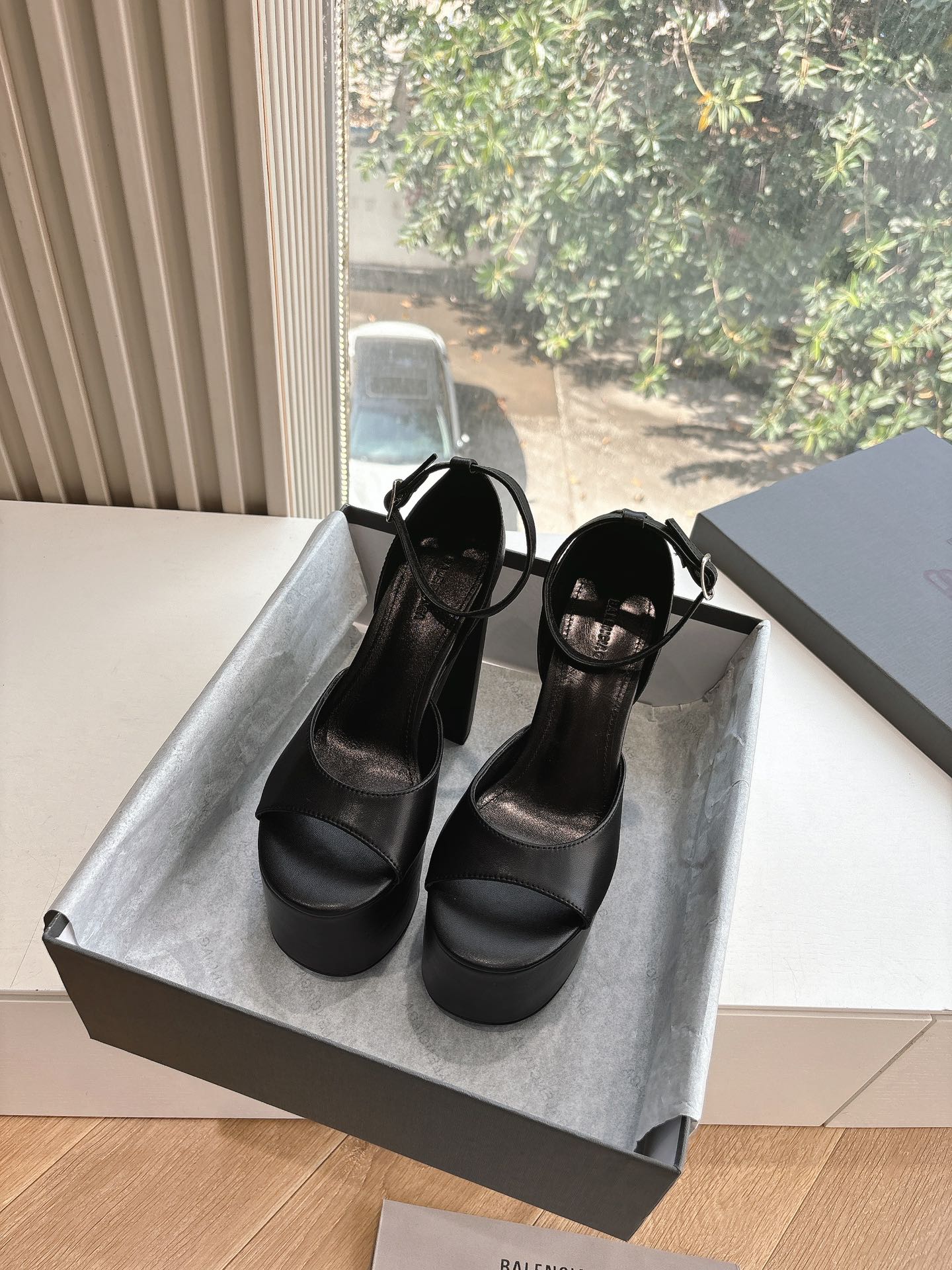 Balanciaga PLATFORM ANKLE STRAP HEELS IN BLACK SMOOTH CALFSKIN
